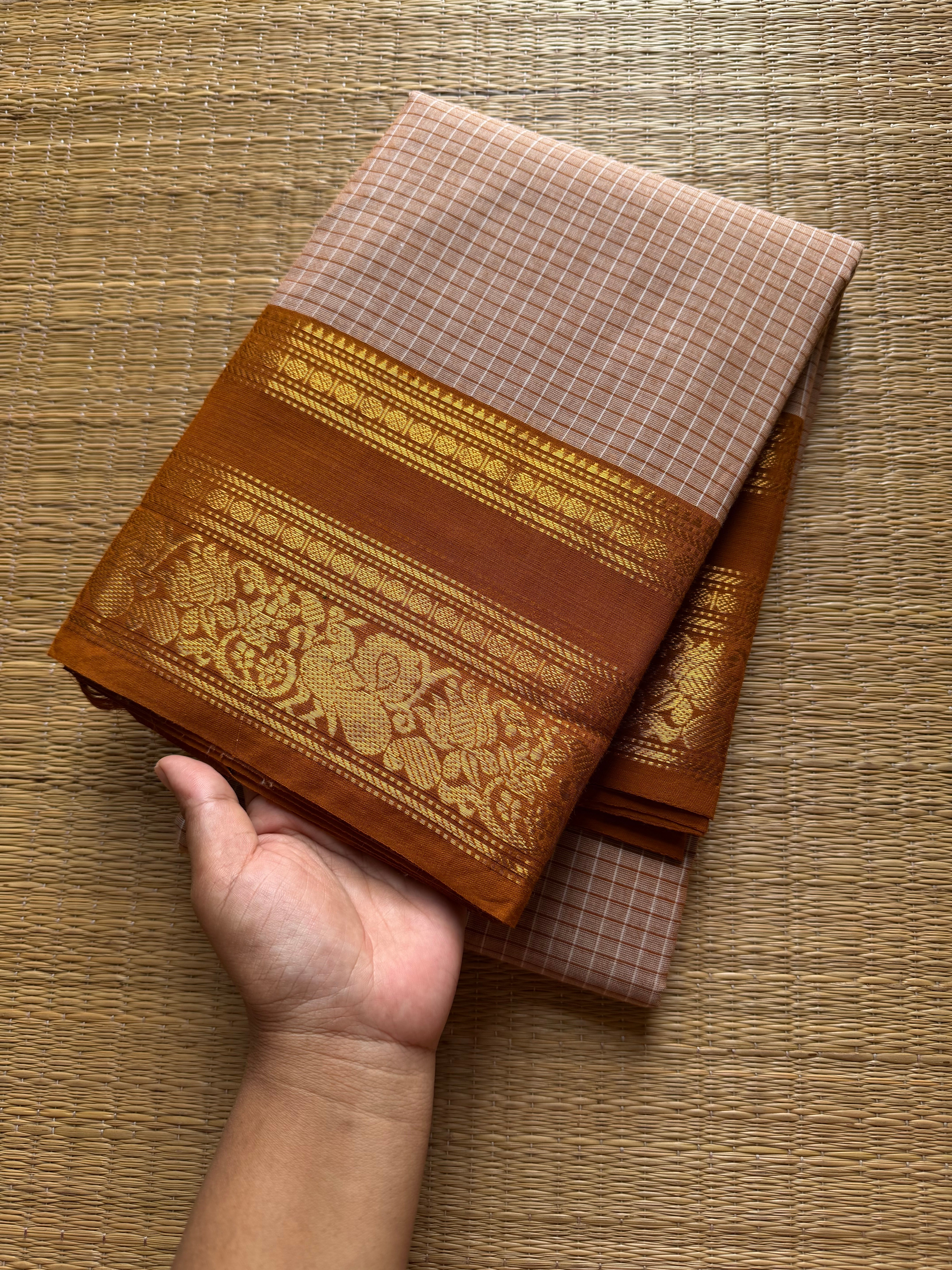 RF987 Beige shade ~ Premium Vintage Kattam / checks Kanchi cotton saree with silk saree inspired annam & floral pattern border