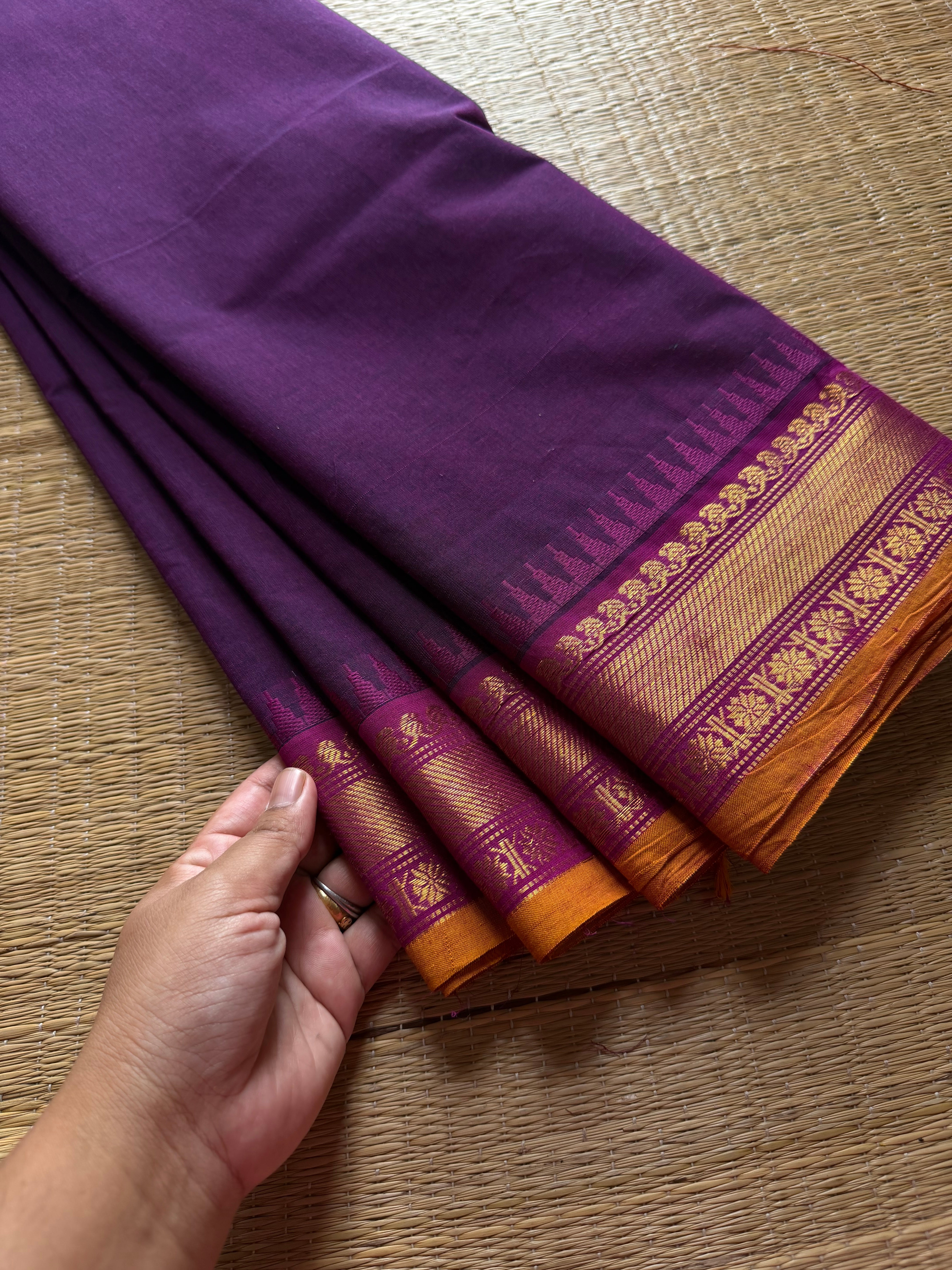 RF632 Purple shade Kanchi cotton saree with contrast medium size Zari border