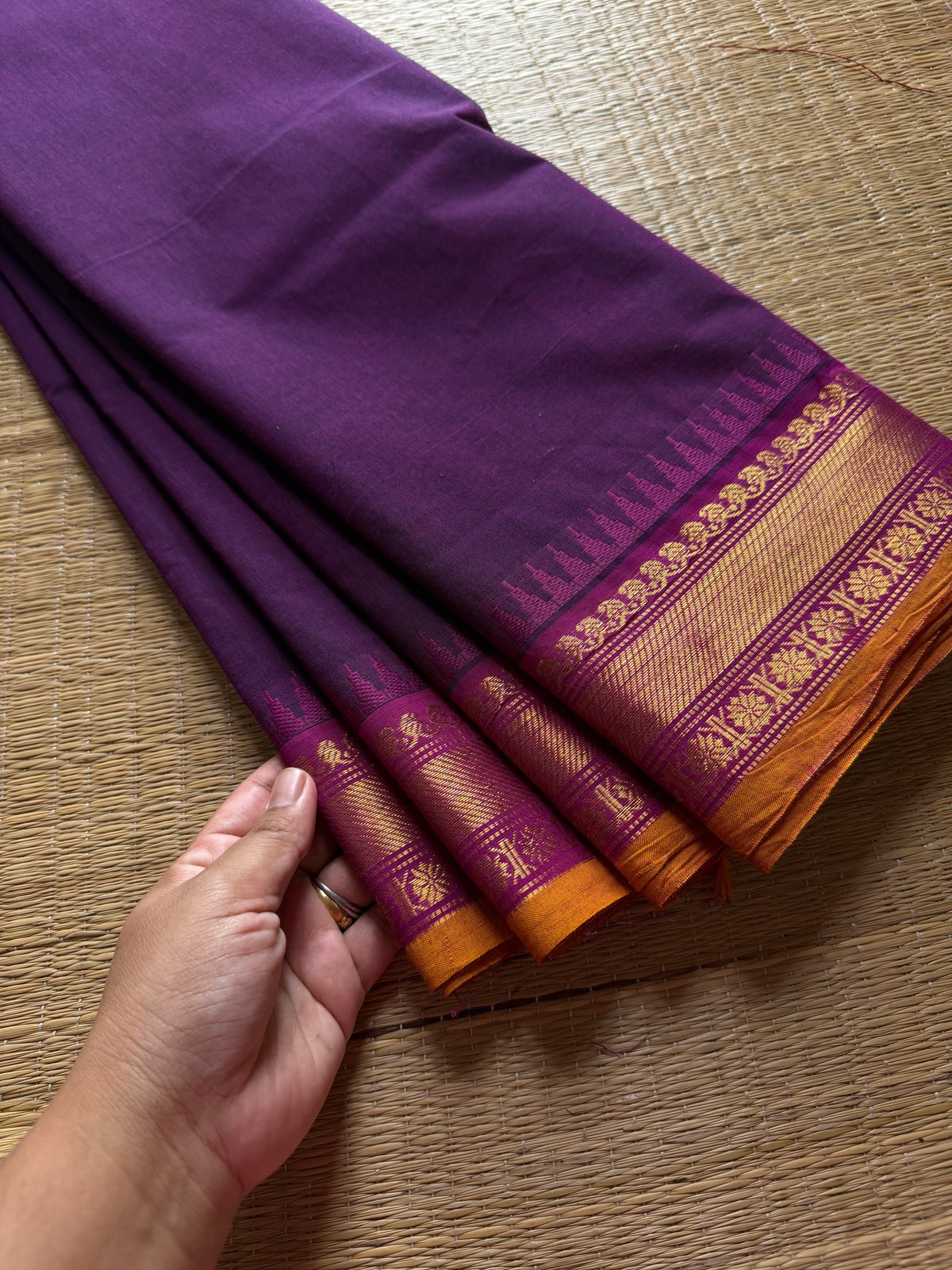 RF632 Purple shade Kanchi cotton saree with contrast medium size Zari border