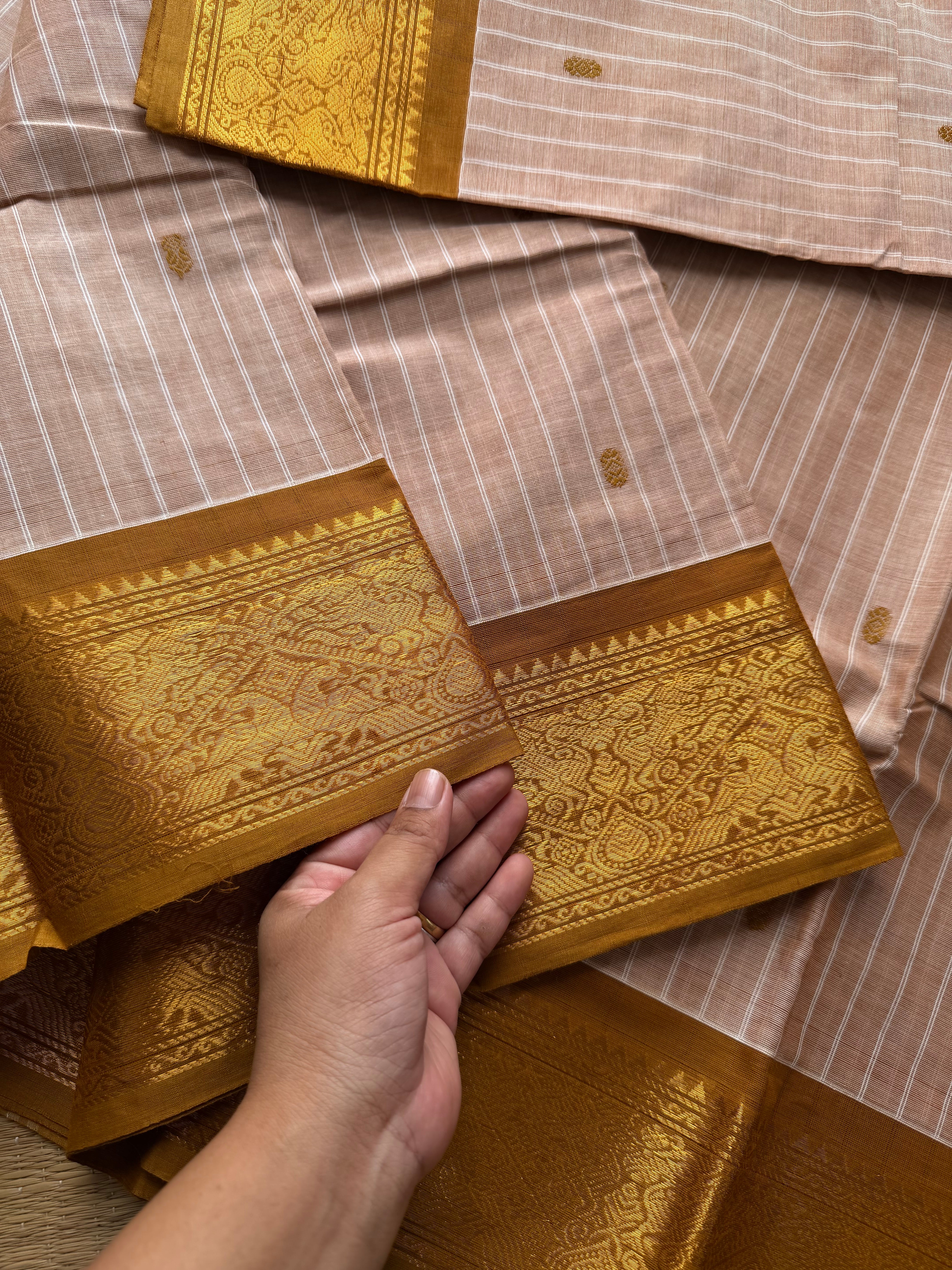 RF432 Premium Kanchi Cotton Saree in Beige and Mustard | Striped Pattern with Handmade Thread Buttas and Vanasingaram Border