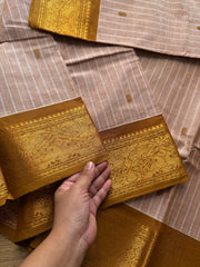 RF432 Premium Kanchi Cotton Saree in Beige and Mustard | Striped Pattern with Handmade Thread Buttas and Vanasingaram Border