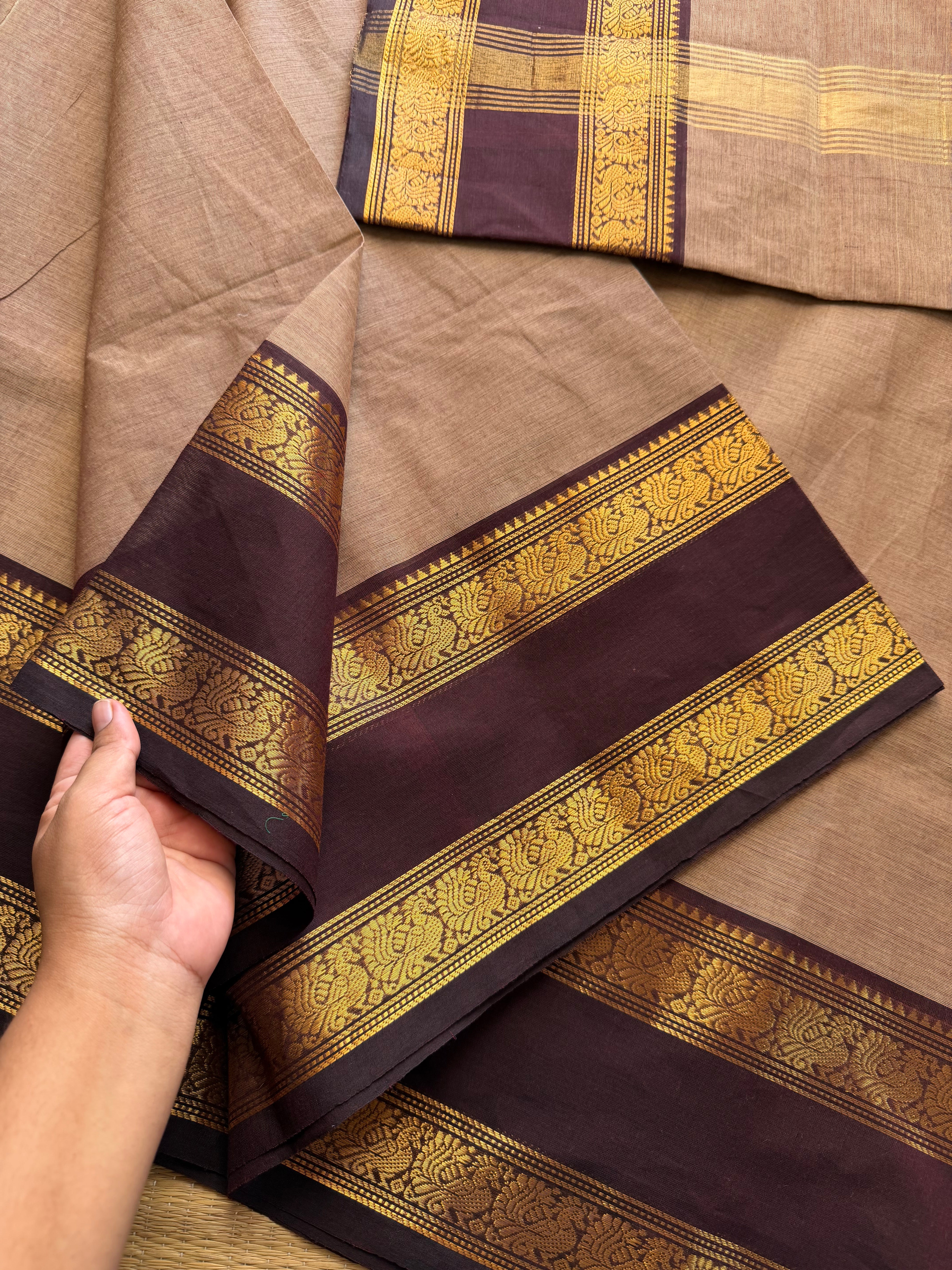 RF245 Biscuit shade with brown combination silk saree inspired Kanchi cotton Rettapet border saree with Annam pattern