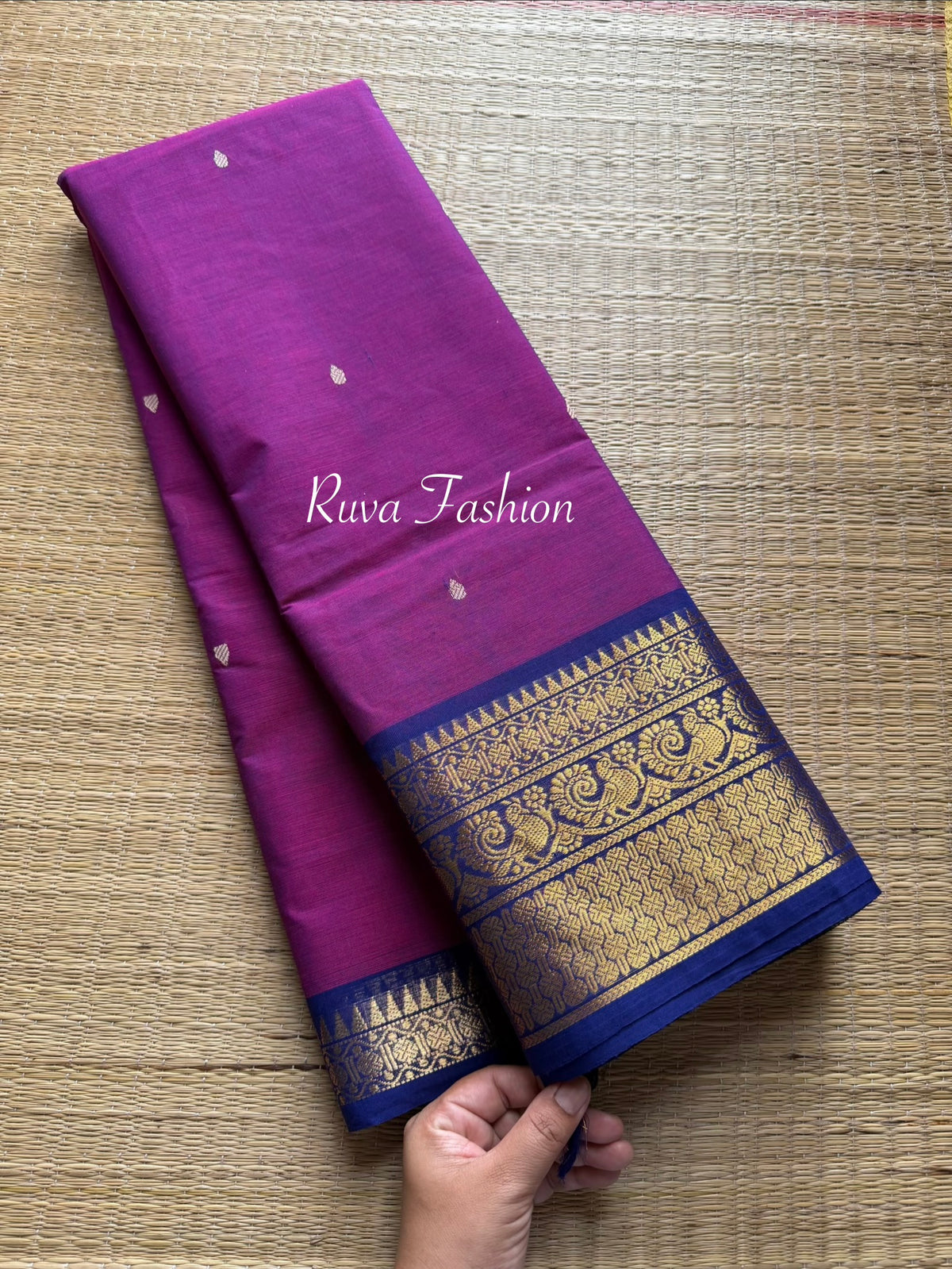 Dark Magenta Pink With Dark Royal Blue Shade Kanchi Cotton Saree With Handmade Thread Buttas