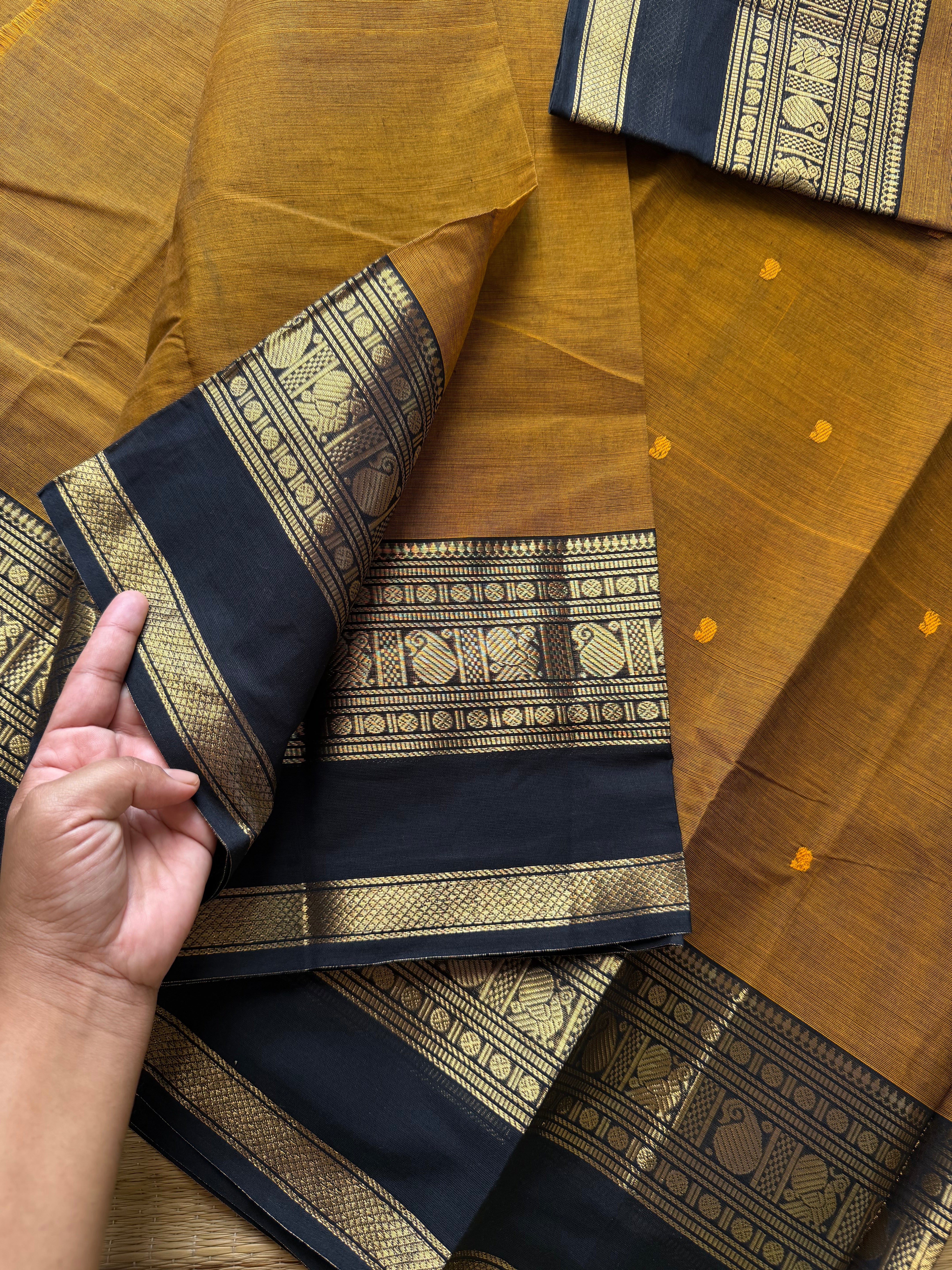 RF703 Mustard with black combination Kanchi cotton saree with handmade thread buttas