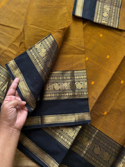 RF703 Mustard with black combination Kanchi cotton saree with handmade thread buttas