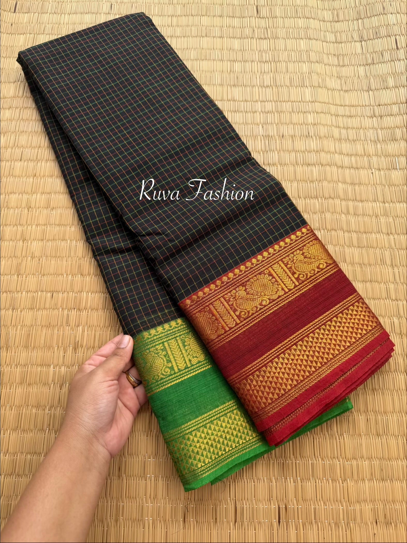 RF136 Checks Pattern / Kattam Black shade Kanchi Cotton Saree With Ganga Jamuna Border