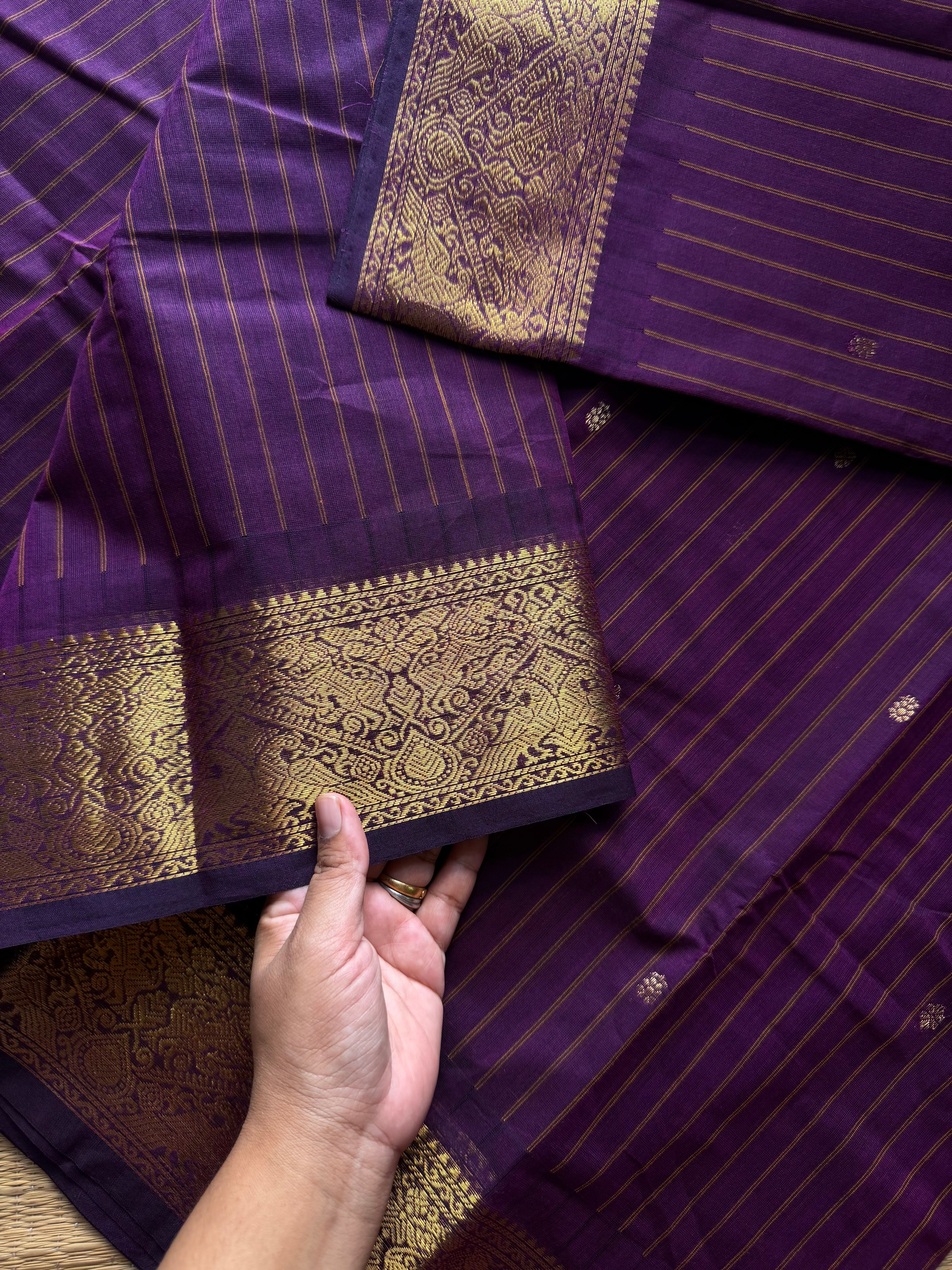 RF1407 Purple ~ Vanasingaram border Kanchi cotton saree with handmade thread buttas