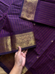 RF1407 Purple ~ Vanasingaram border Kanchi cotton saree with handmade thread buttas
