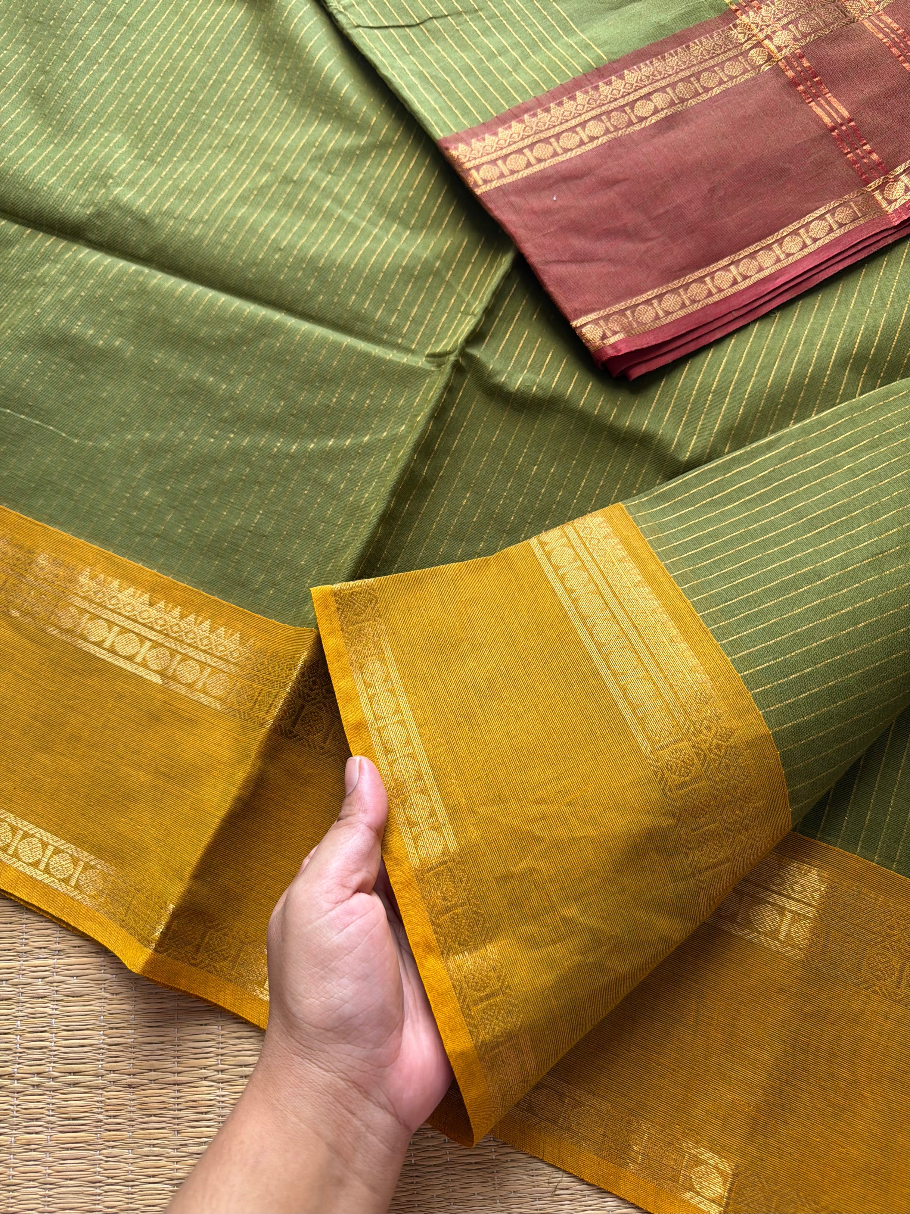 RF625 Pastel Methi Green shade Ganga Jamuna border Kanchi cotton saree with fully golden Vaira Oosi pattern