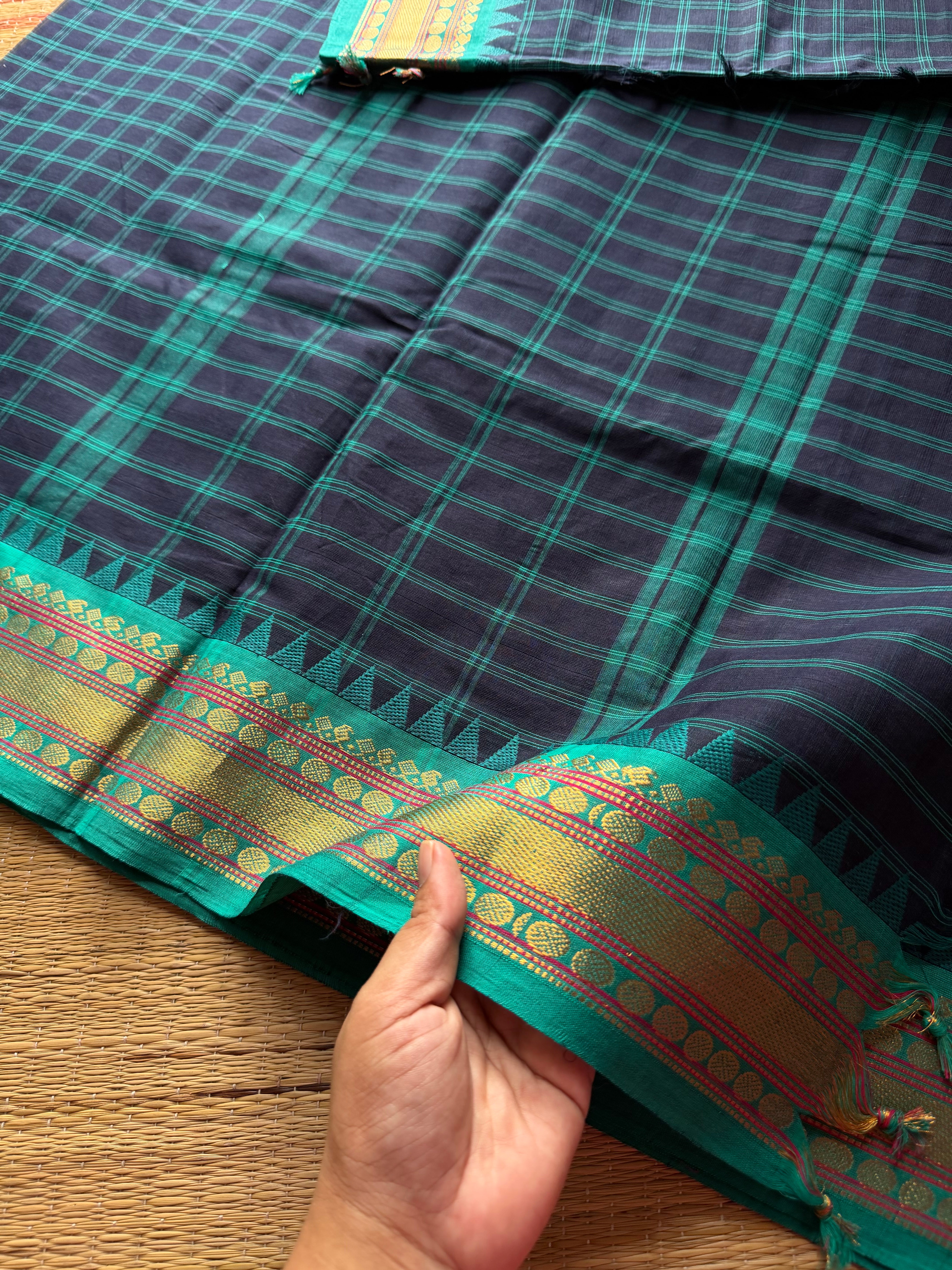 RF366 Navy blue shade with teal blue combination Kattam / checks pattern Kanchi cotton saree