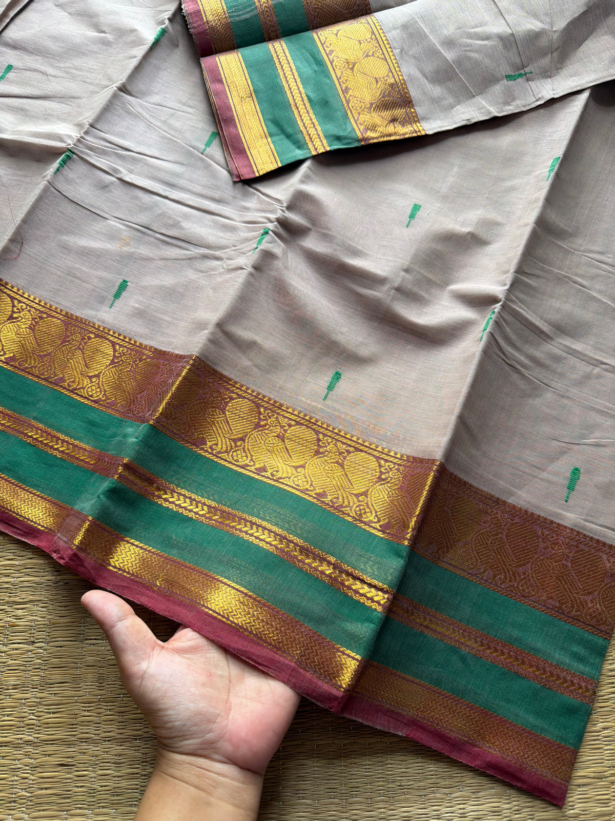 RF419 Light grey with green combination Kanchi cotton saree with handmade thread buttas