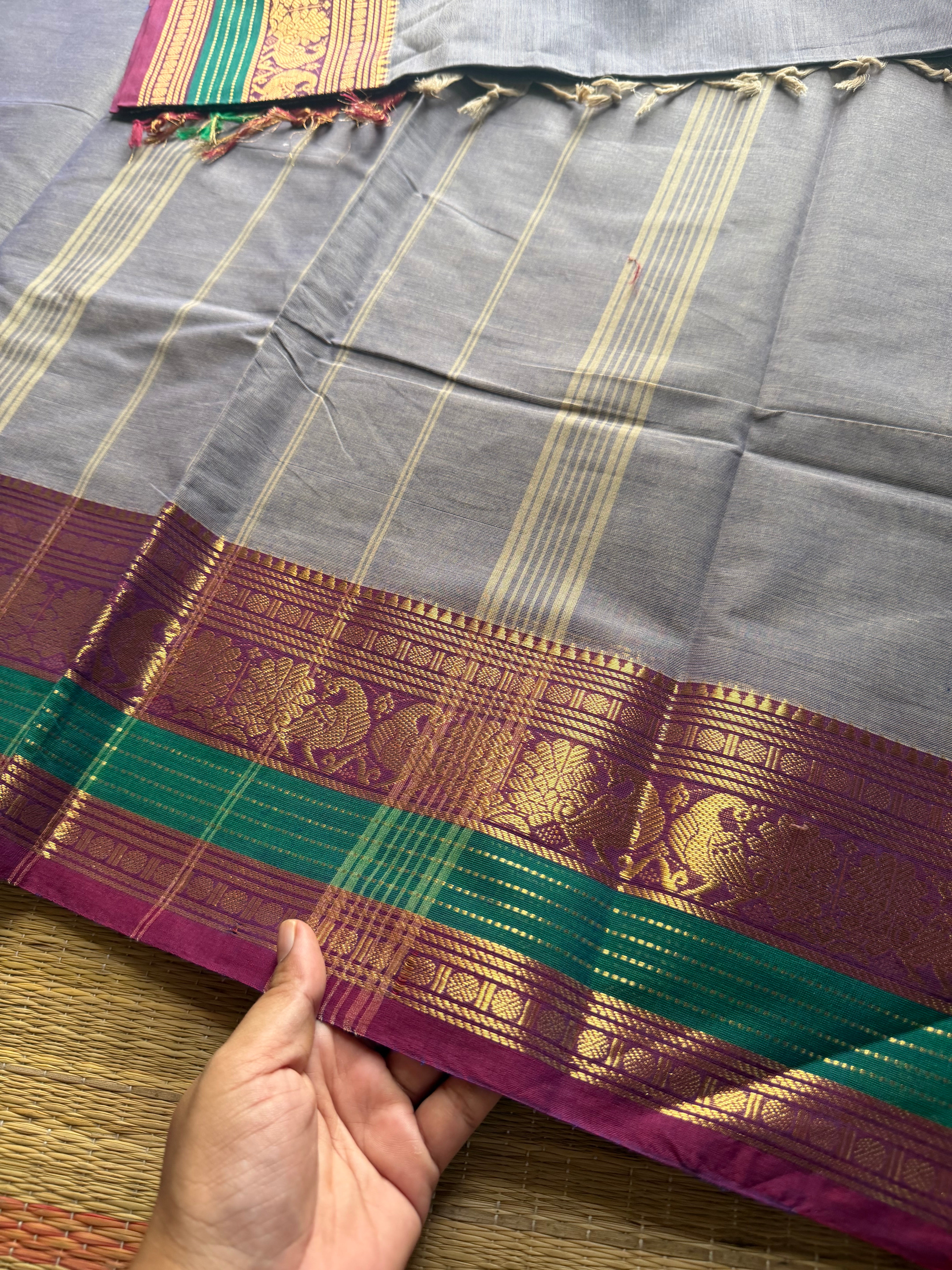 RF340 Greyish Ice blue shade Kanchi cotton saree with silk saree inspired Zari border