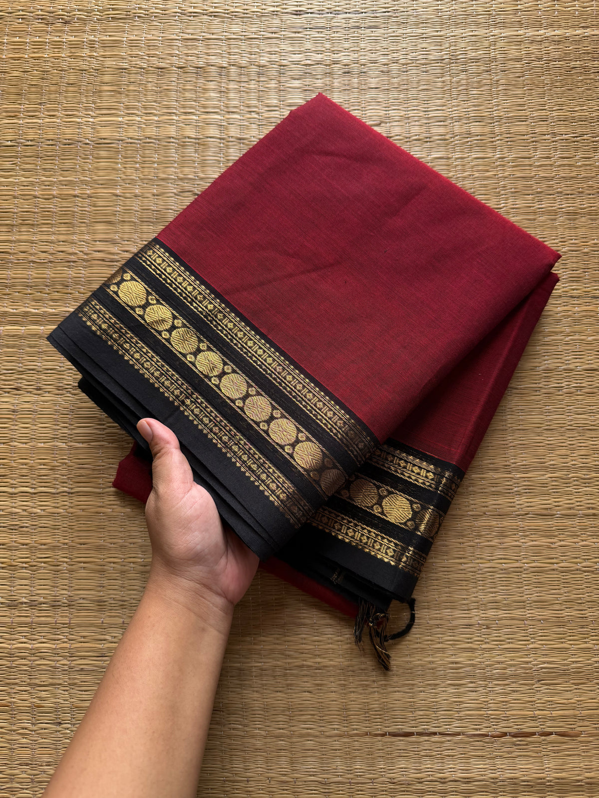 RF441 Reddish maroon shade with black combination small border Kanchi cotton saree