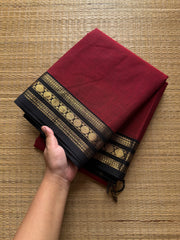 RF441 Reddish maroon shade with black combination small border Kanchi cotton saree