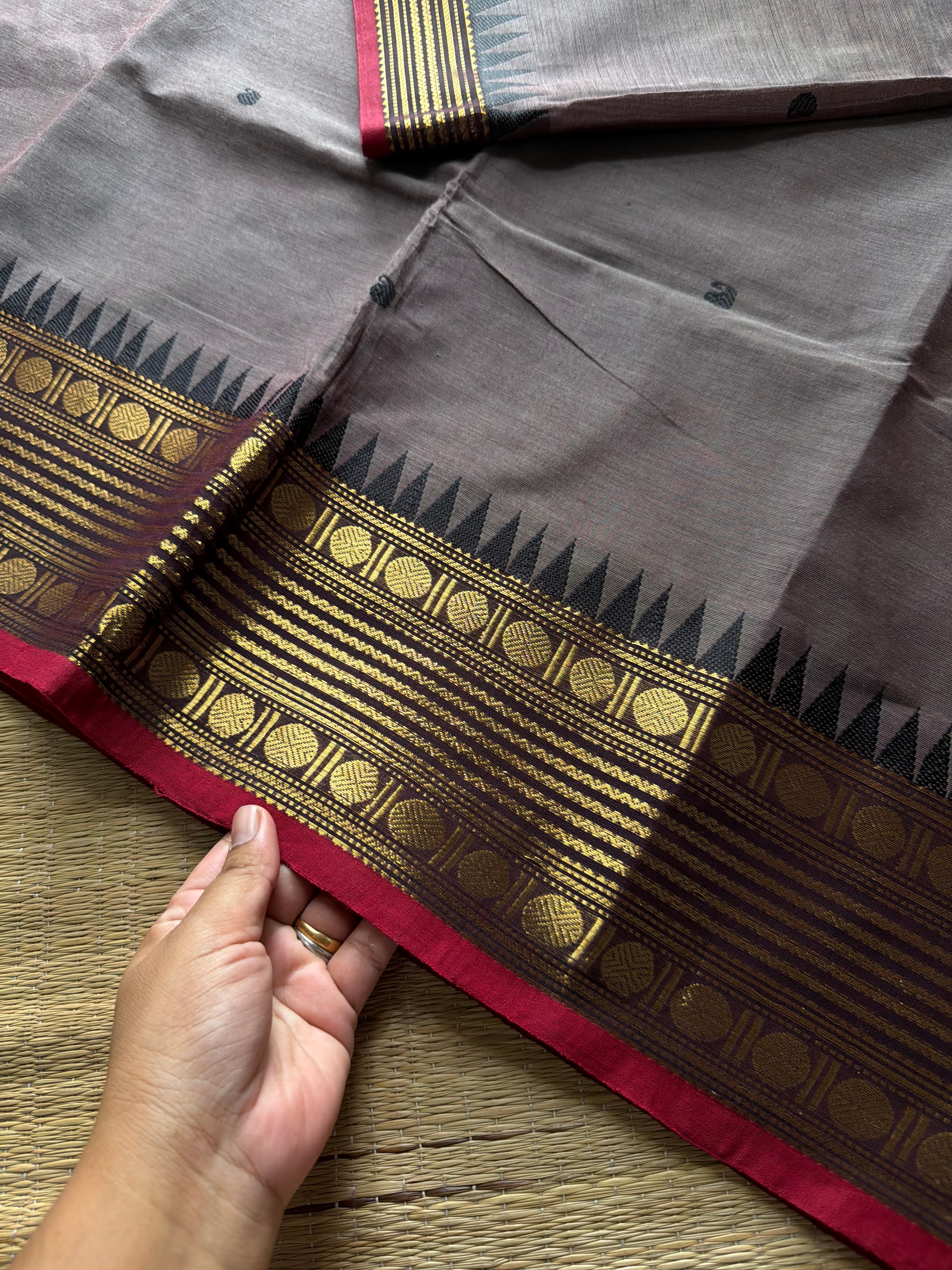RF752 Grey shade Kanchi cotton saree with handmade thread buttas
