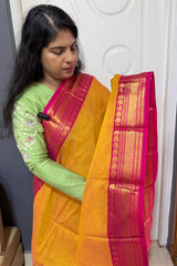 RF1244 Silk saree inspired Kanchi cotton saree ~ Mango shade with pink