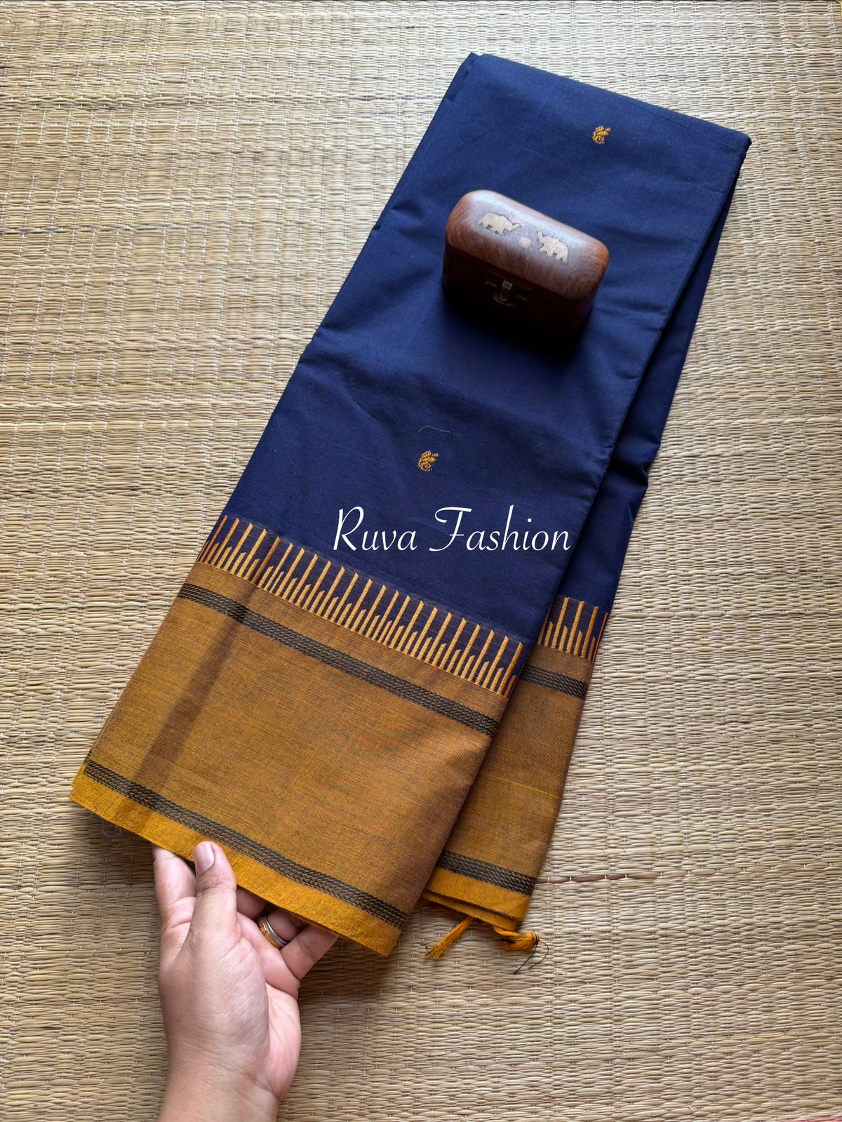RF12 Blue with mustard Shade Soft Kanchi Cotton Saree with handmade thread buttas - RF12