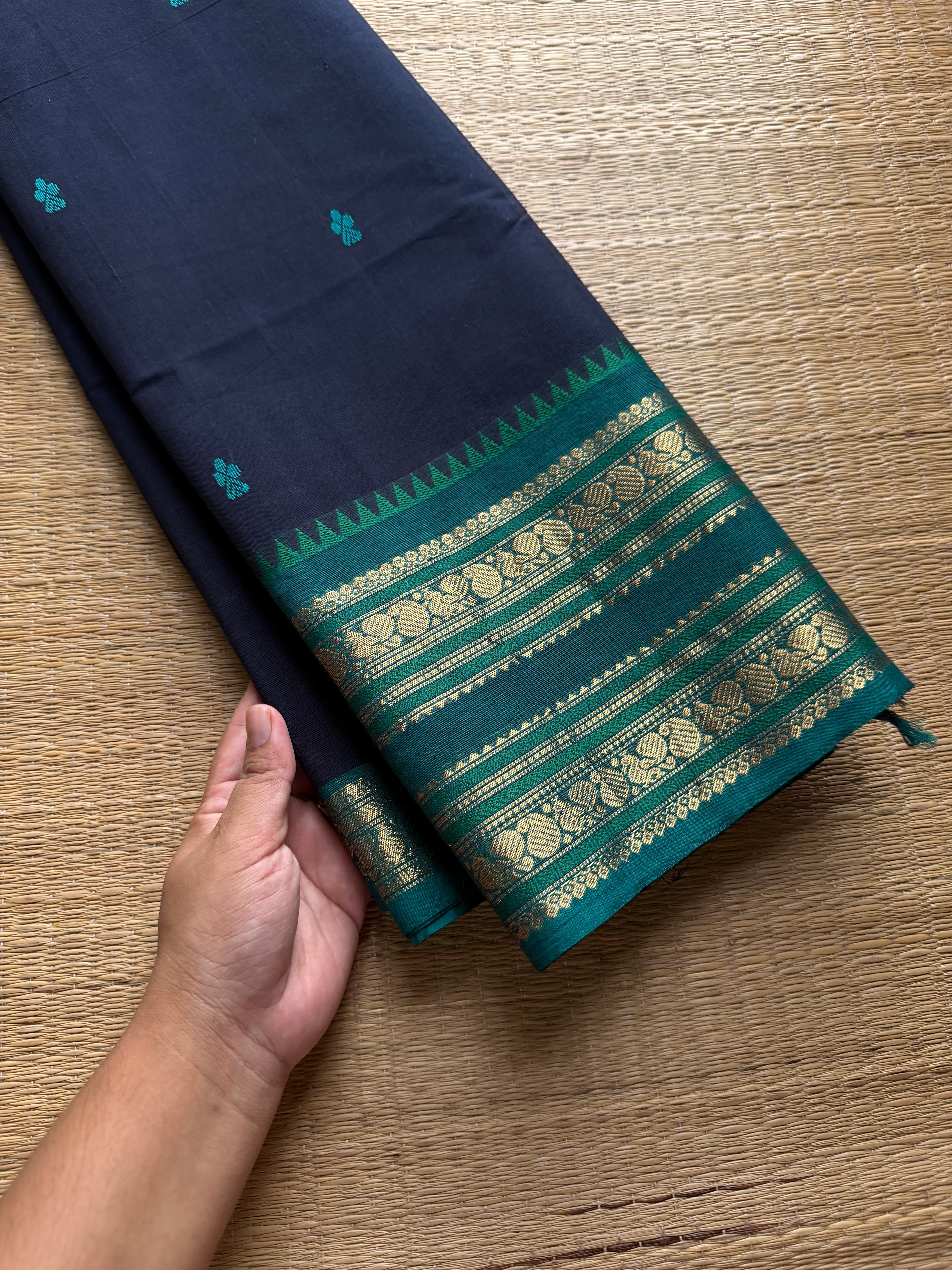 RF797 Navy blue with teal blue combination Kanchi cotton saree with handmade thread buttas