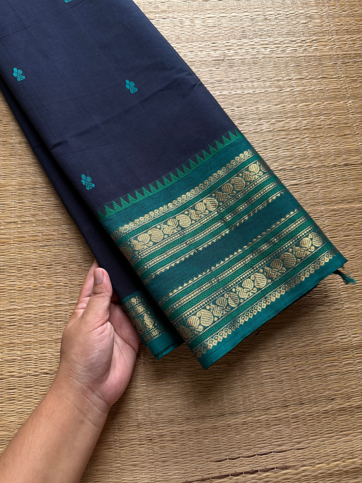 RF797 Navy blue with teal blue combination Kanchi cotton saree with handmade thread buttas