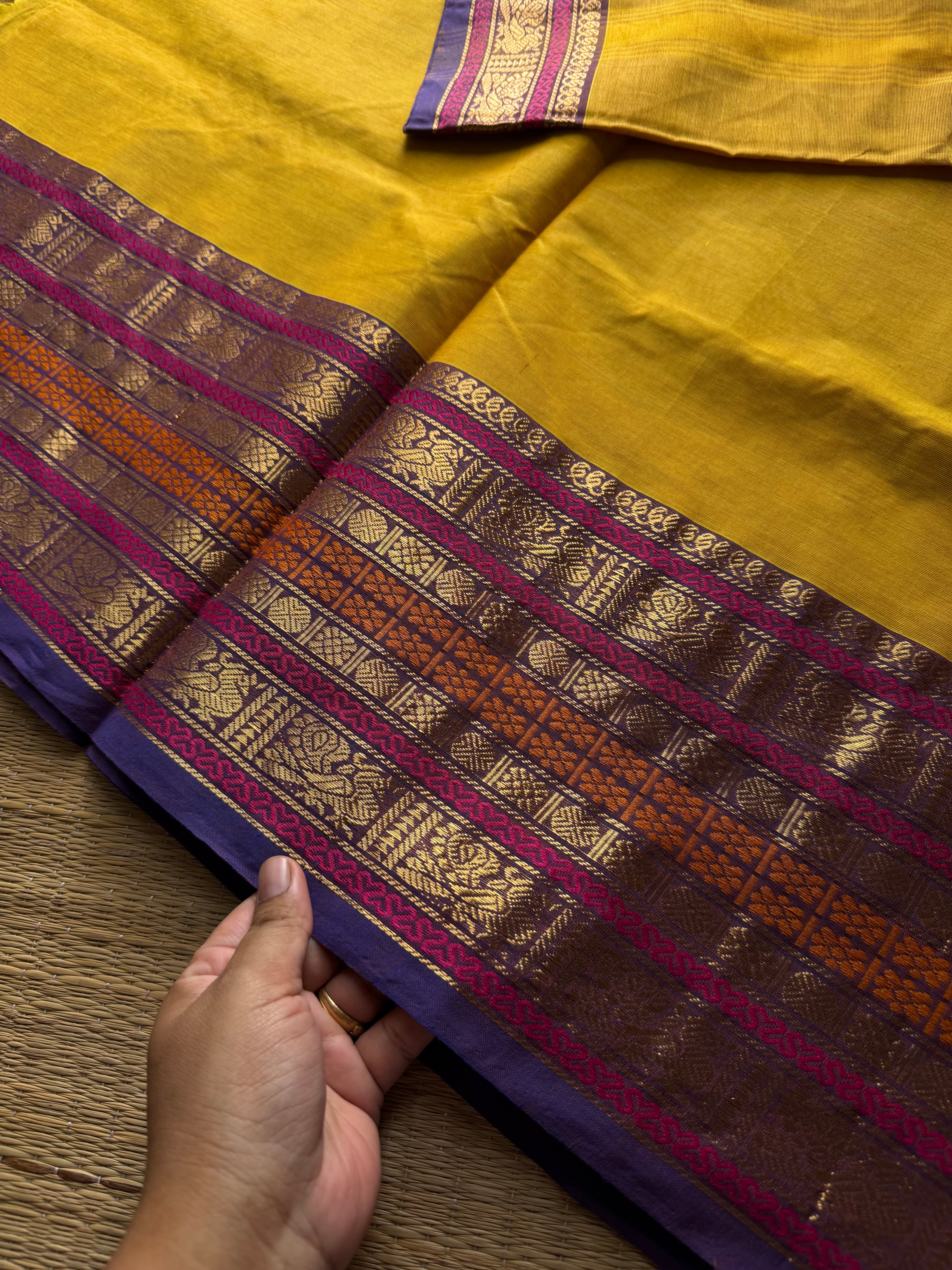 RF971 Mustard yellow shade Kanchi cotton saree with Varisaipet border