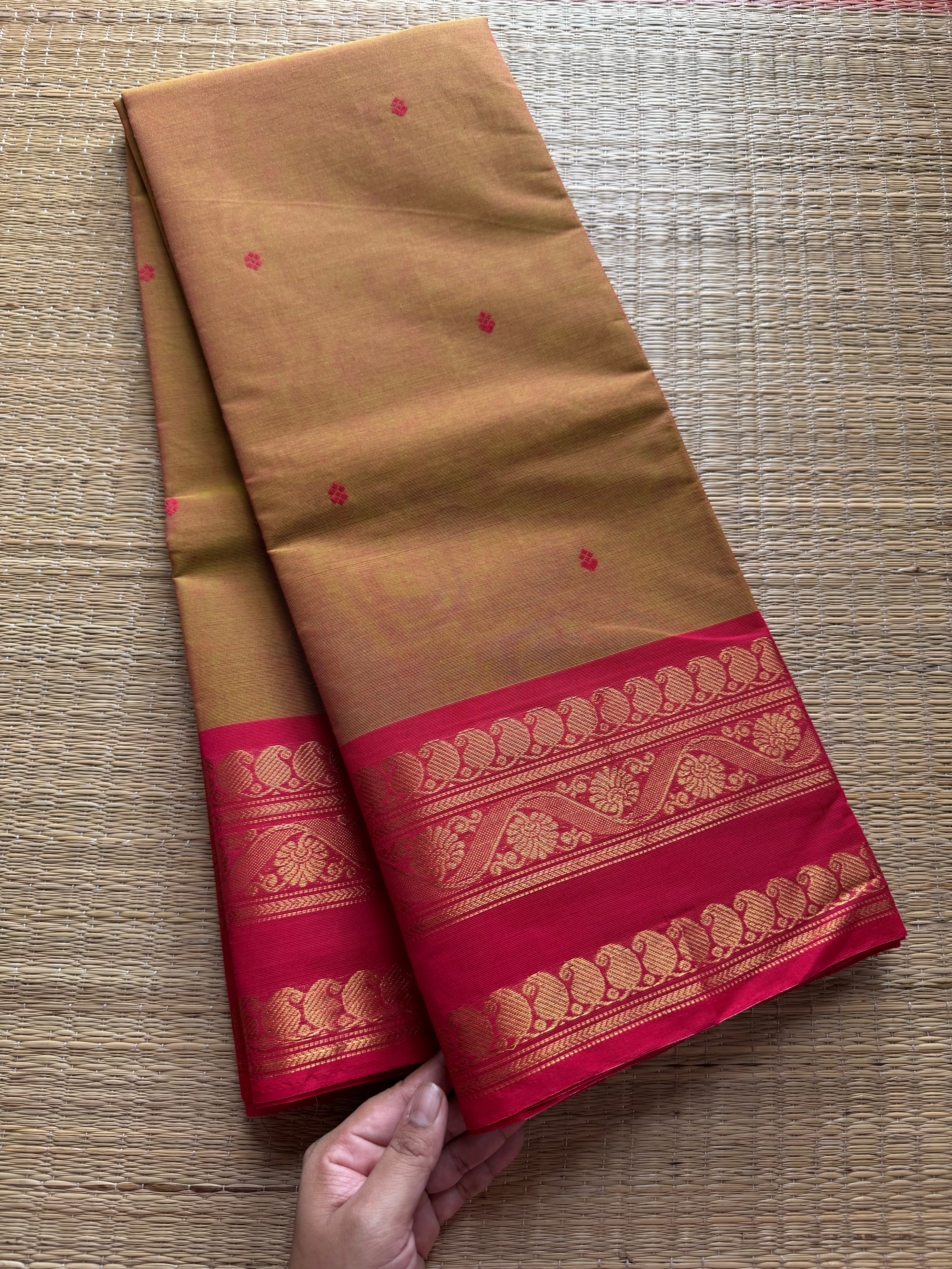 RF370 Dual shade yellow with contrast pink mango and floral pattern border kanchi cotton saree and handmade thread buttas