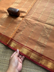 Beige shade small border Kanchi cotton saree with handmade golden Zari Buttas
