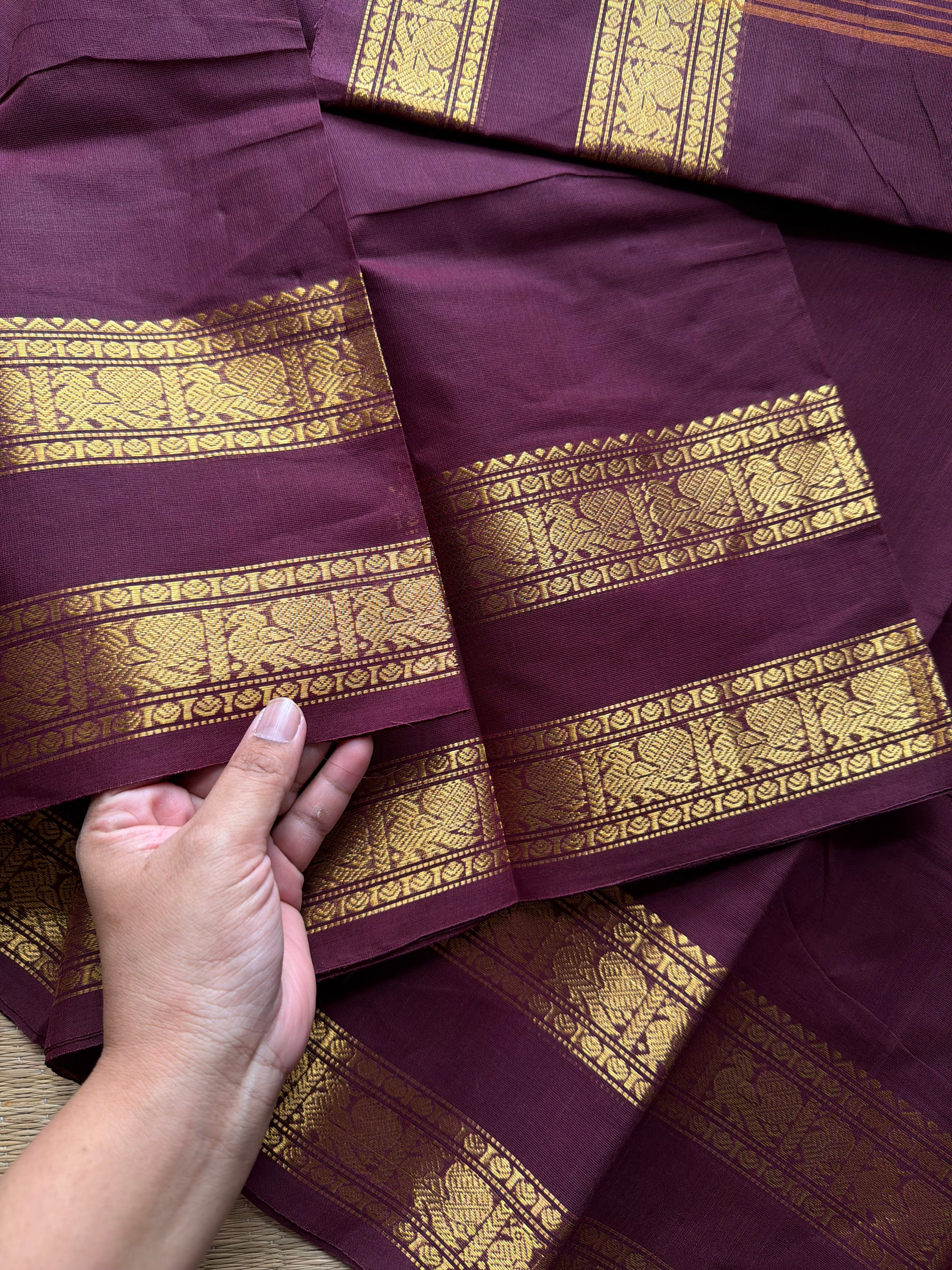 RF502 Deep maroon Kanchi cotton saree with Rettapet Annam pattern border