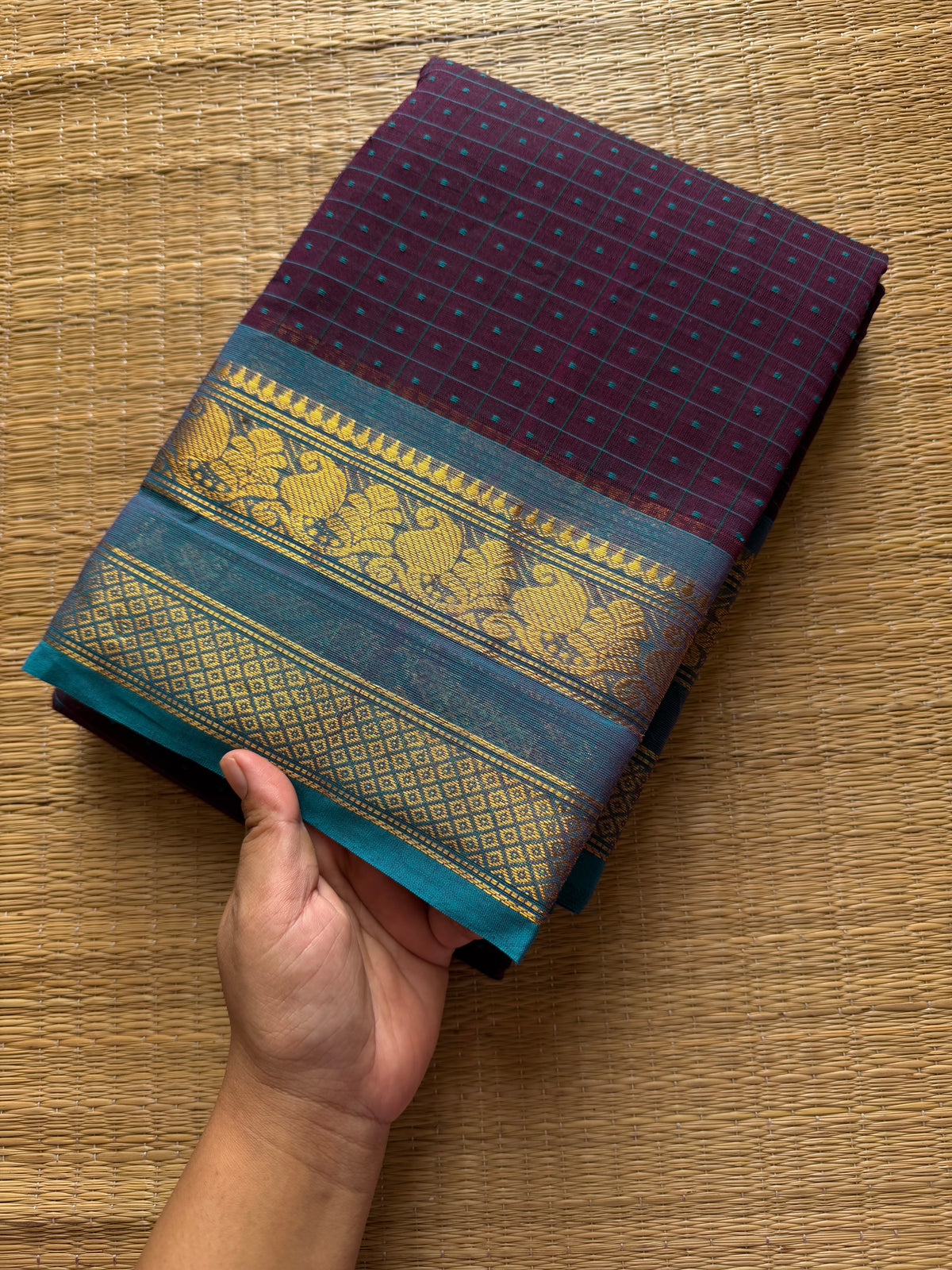 RF516 Purple with sky blue combination Lakshadeepam / 1000 Buttas checks / Kattam pattern Kanchi cotton saree