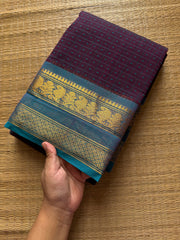 RF516 Purple with sky blue combination Lakshadeepam / 1000 Buttas checks / Kattam pattern Kanchi cotton saree