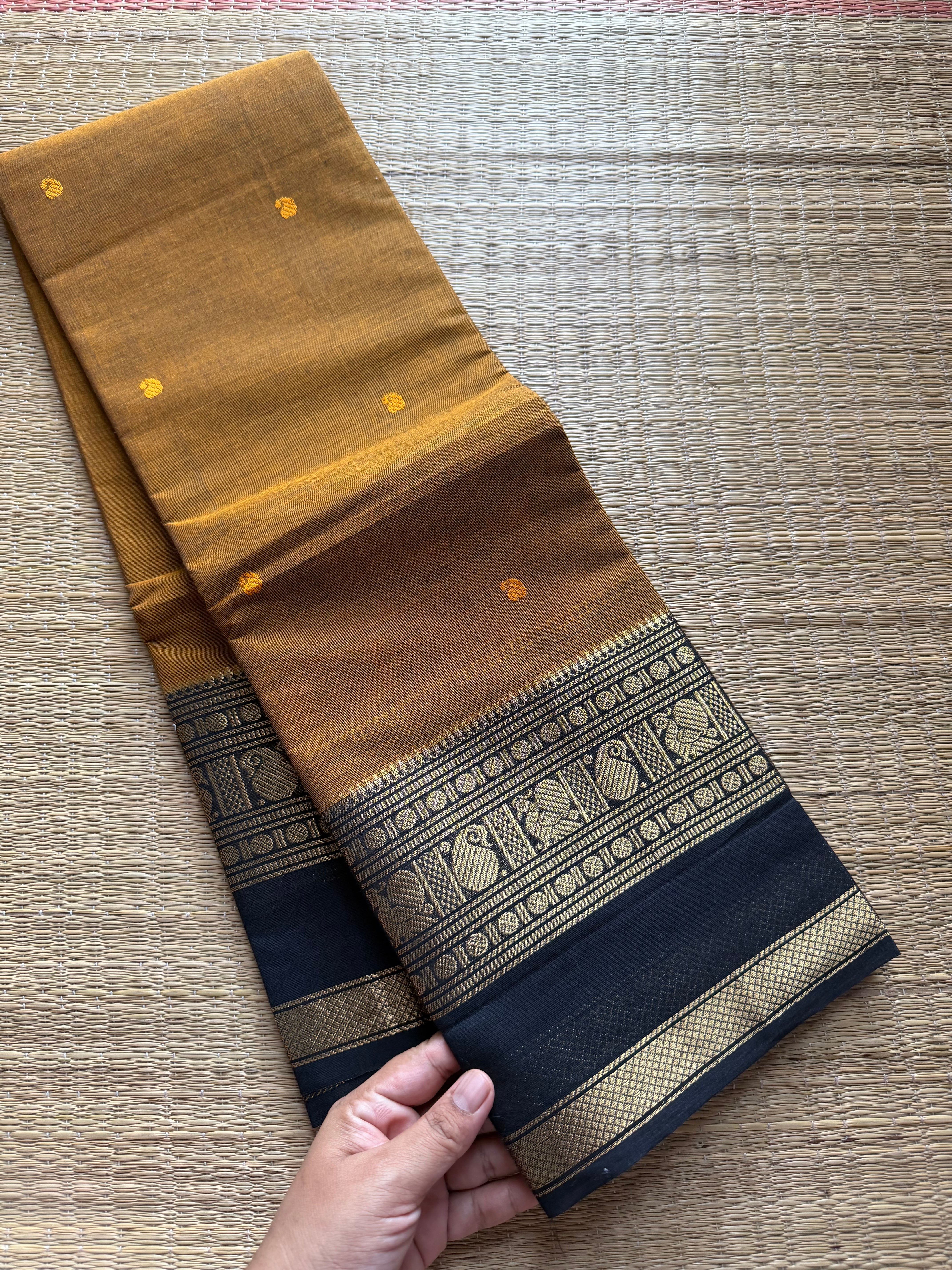 RF288 Mustard with black combination Kanchi cotton saree with Rettapet border and handmade thread buttas