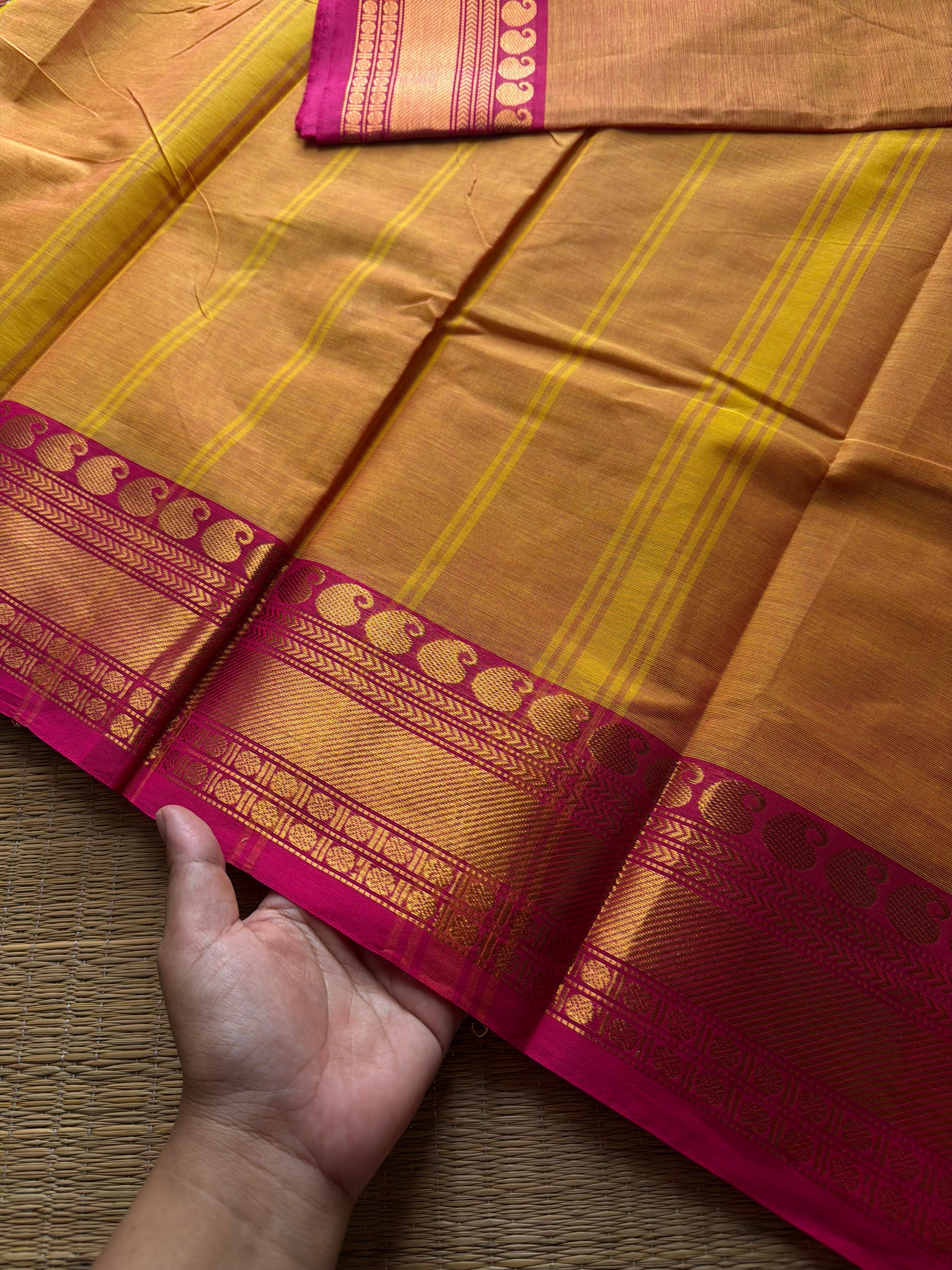 RF506 Dark mango shade with contrast pink combination mango pattern Zari border Kanchi cotton saree