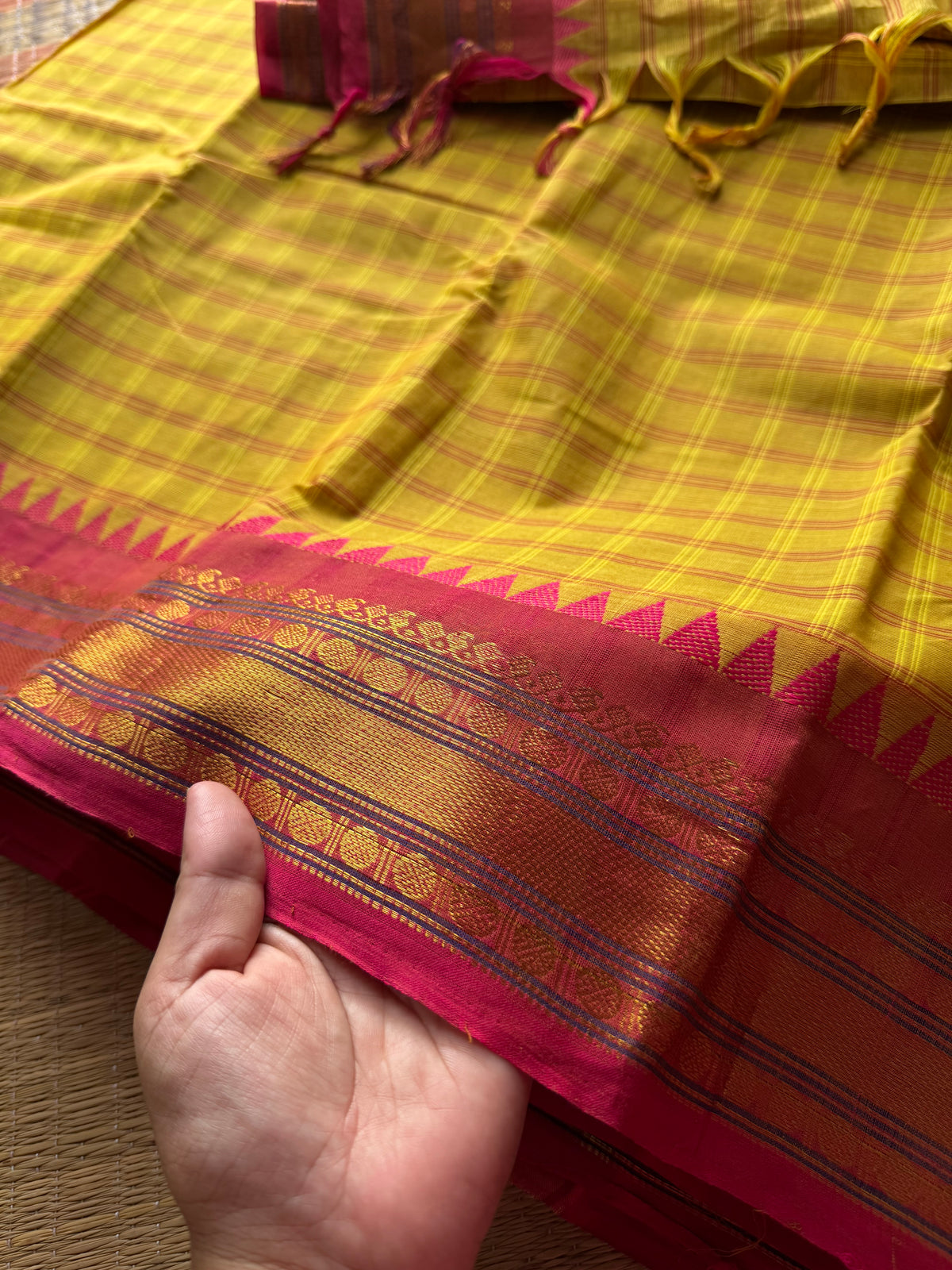 RF612 Kattam Edits ~ Mustard yellow with pinkish peach shade Kanchi cotton saree with checks / Kattam pattern