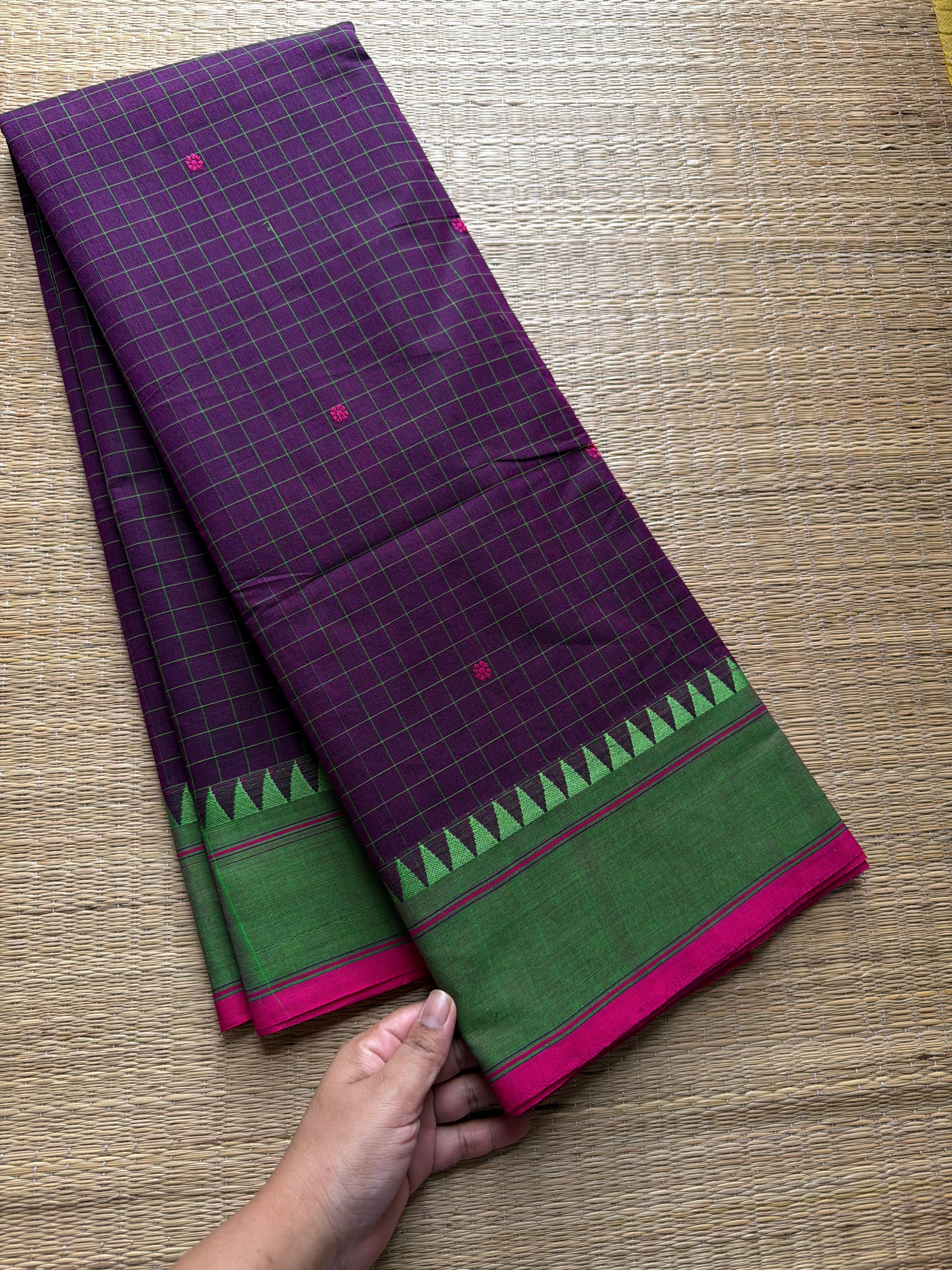 RF386 Deep purple shade soft Kanchi cotton saree with Kattam / checks pattern & handmade thread buttas