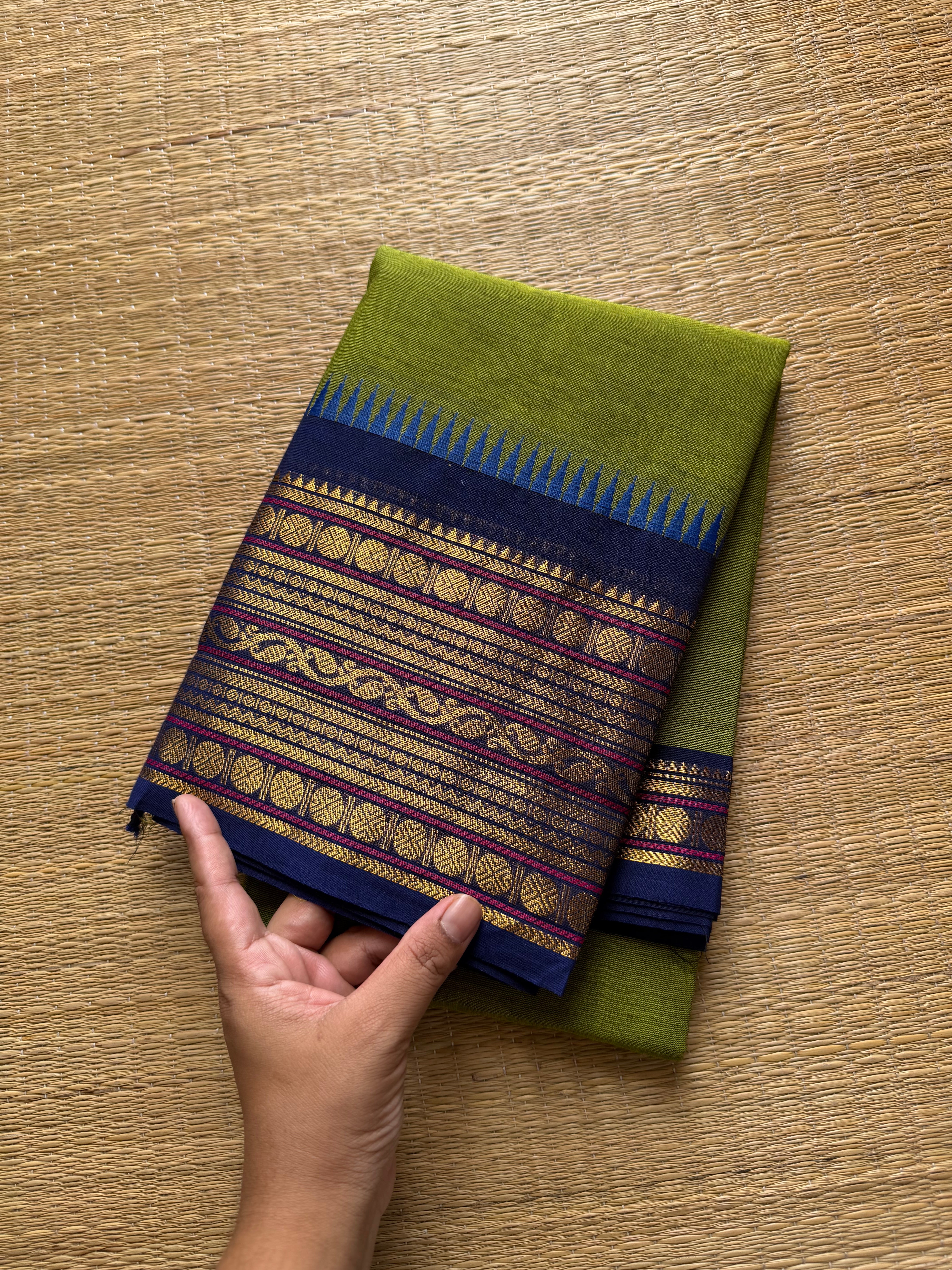RF353 Green with contrast royal blue combination Kanchi cotton saree