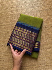 RF353 Green with contrast royal blue combination Kanchi cotton saree