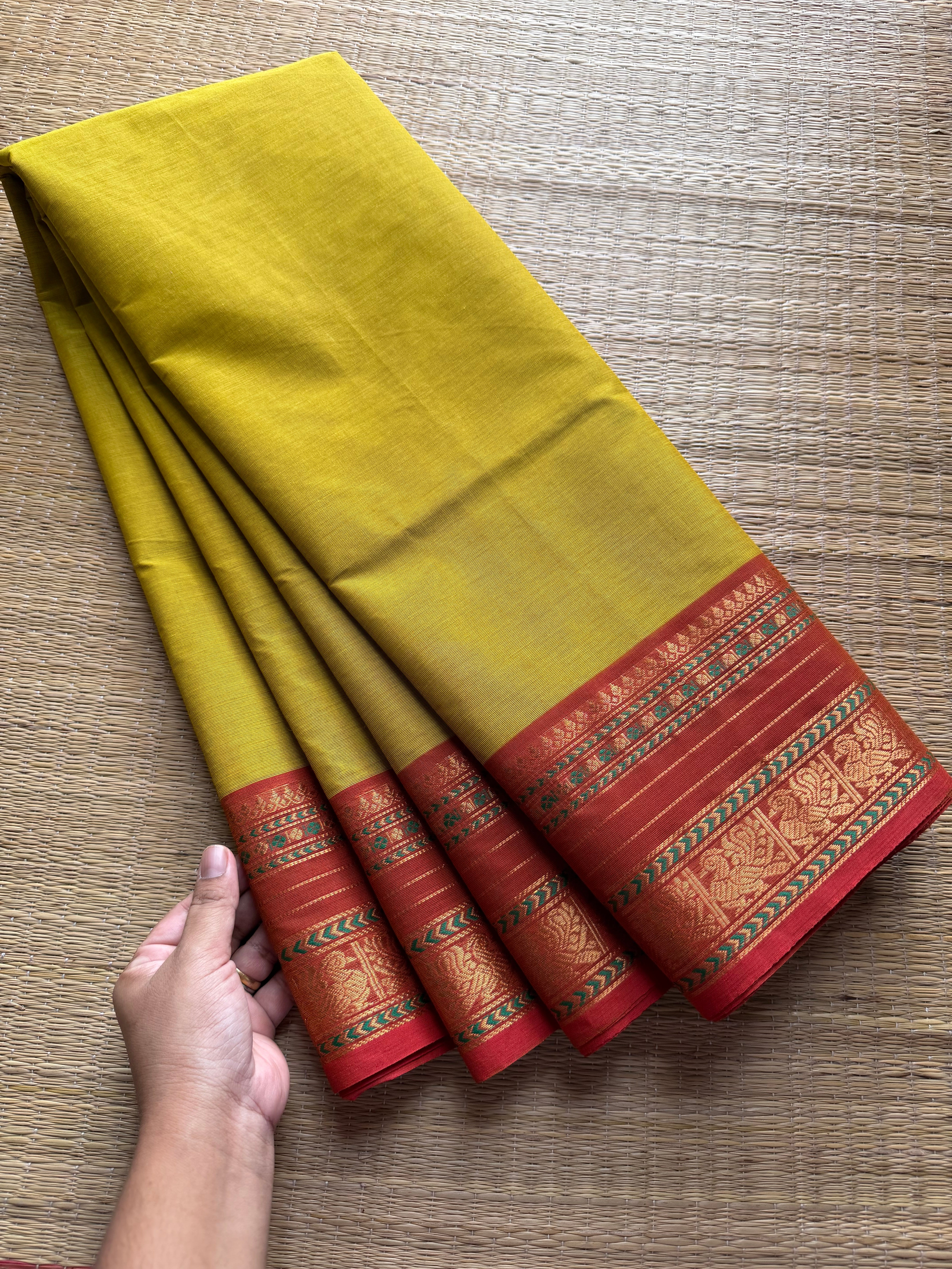 RF214 Mustard yellow shade Kanchi cotton saree with silk saree inspired contrast border
