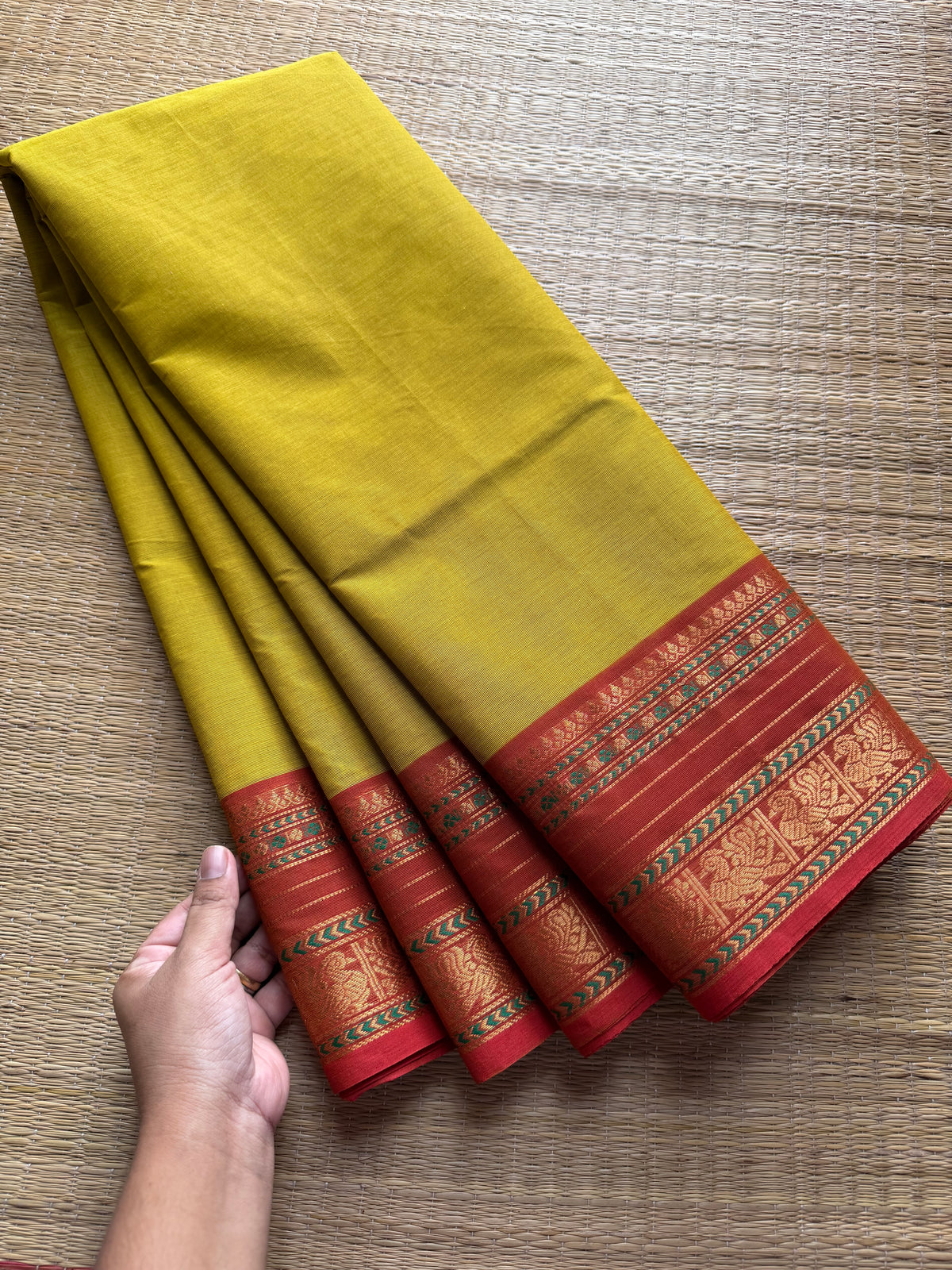 RF214 Mustard yellow shade Kanchi cotton saree with silk saree inspired contrast border