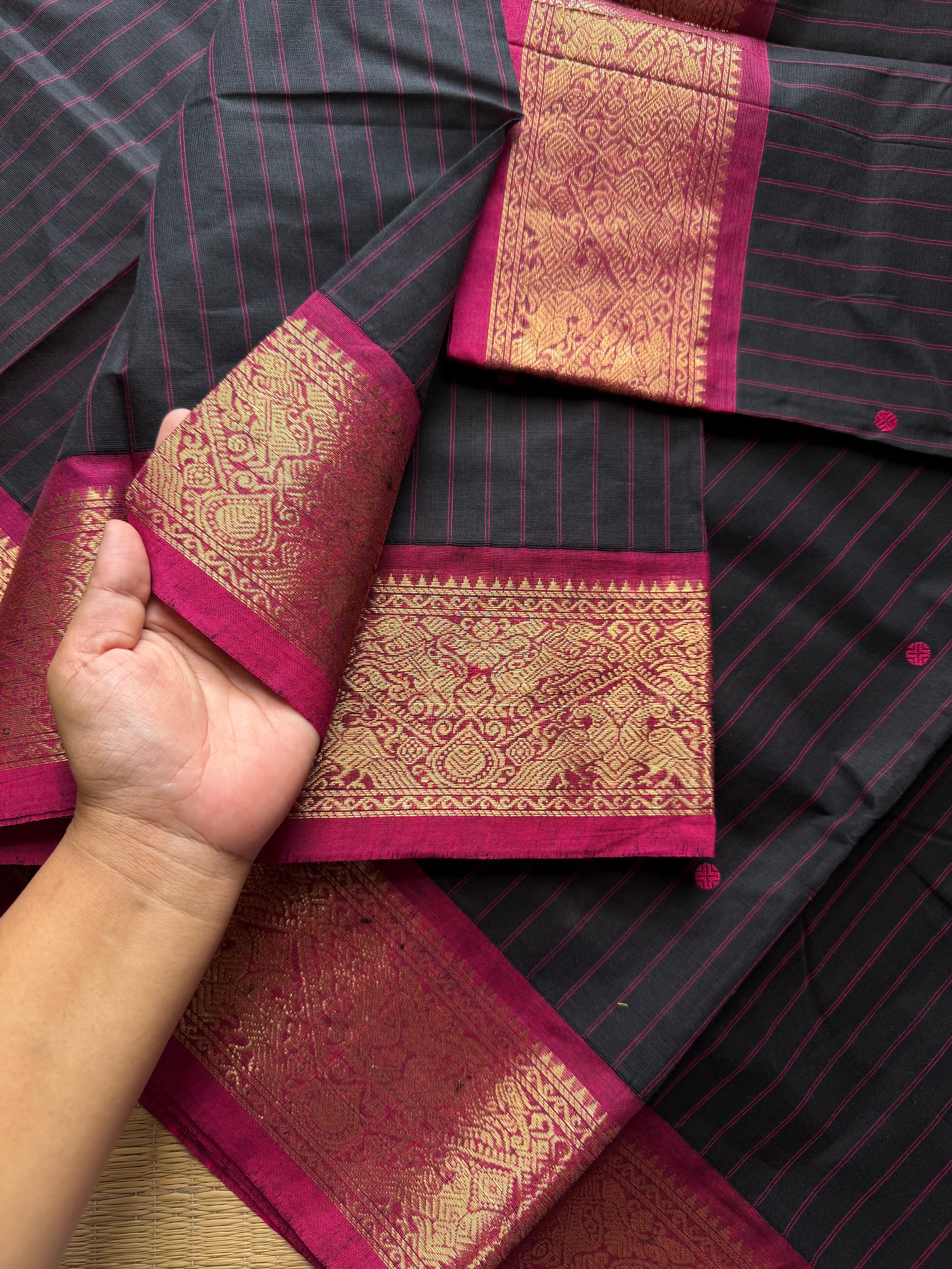 RF814 Black shade Kanchi cotton saree with Vanasingaram border and handmade thread buttas
