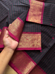 RF814 Black shade Kanchi cotton saree with Vanasingaram border and handmade thread buttas