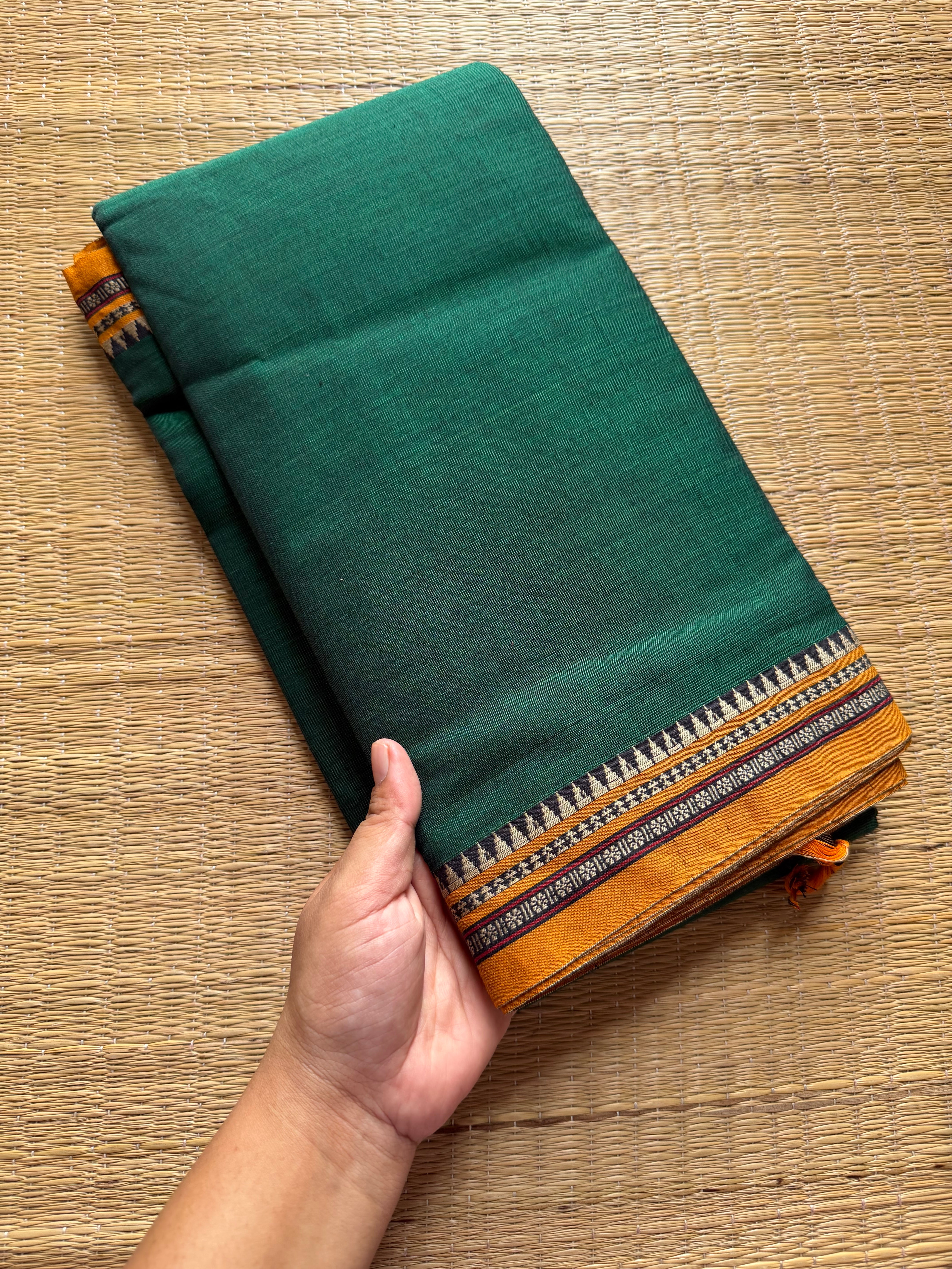 RF456 Green with mustard combination Mercerised Narayanpet cotton saree with small thread border