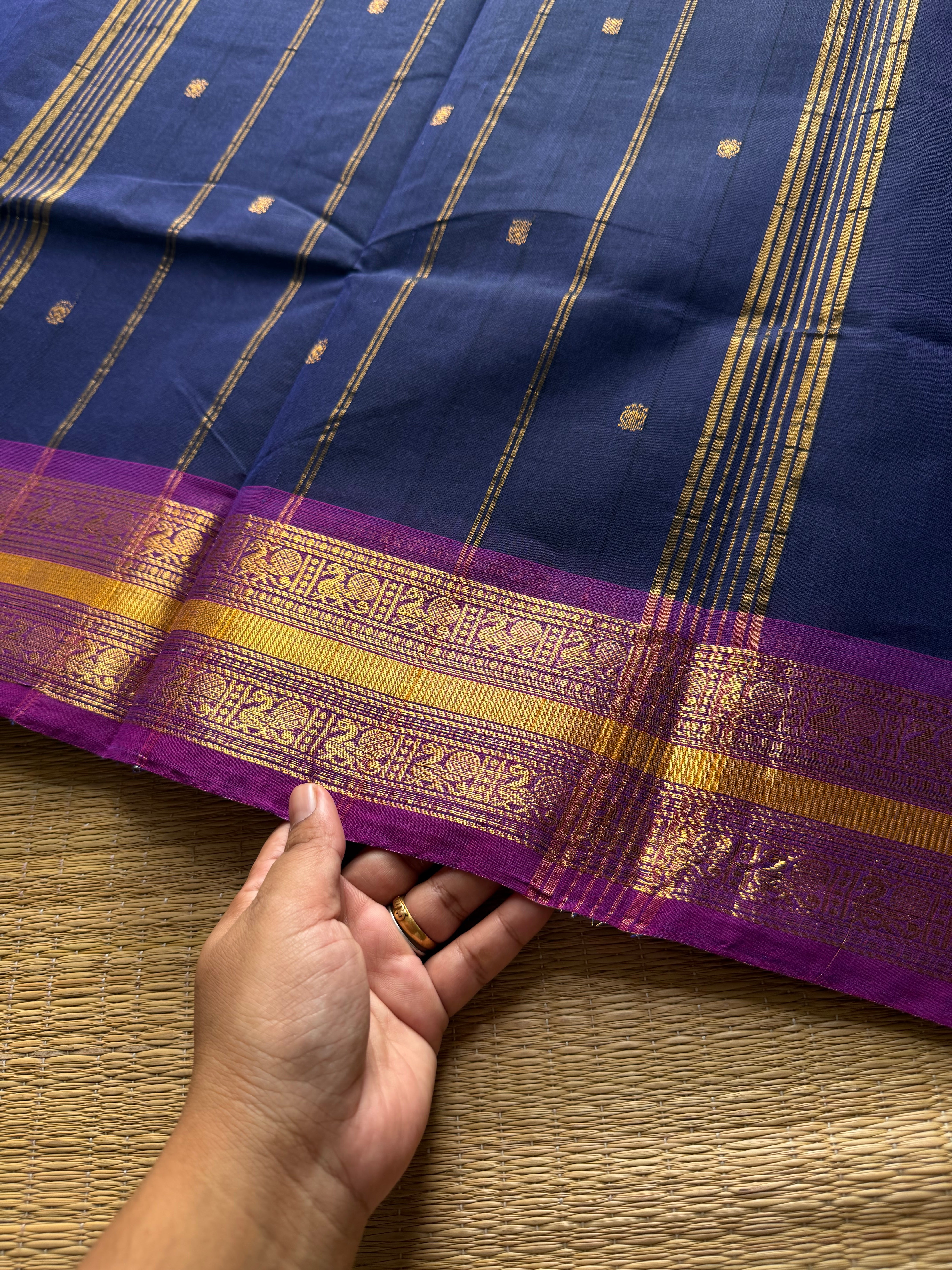 RF730 Navy blue shade Kanchi cotton saree with handmade golden buttas