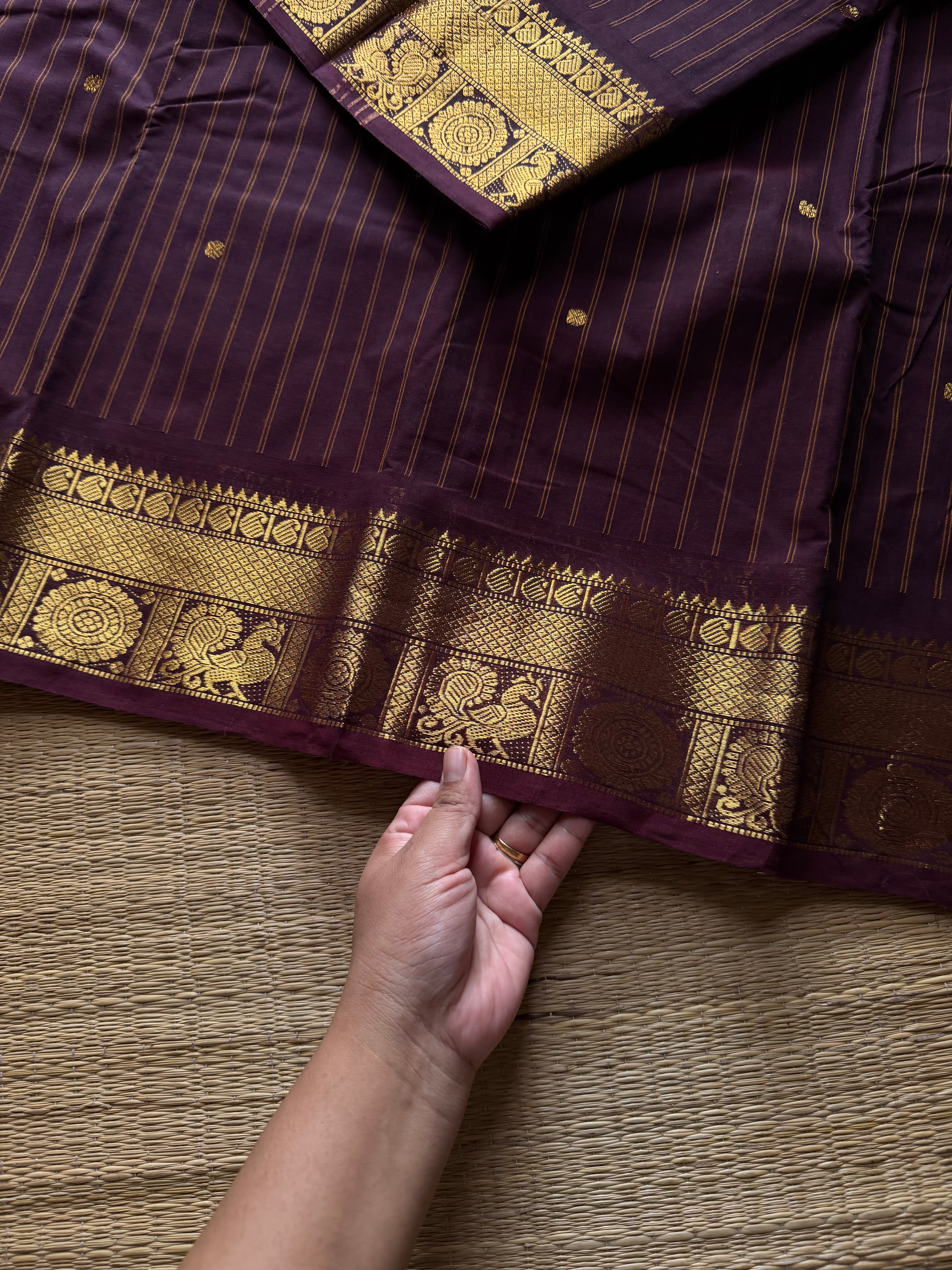 RF1296 Deep coffee brown ~ Silk saree inspired Kanchi cotton saree with vertical stripped & Annam pattern border and handmade golden Zari Buttas