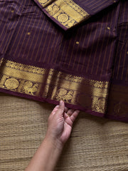 RF1296 Deep coffee brown ~ Silk saree inspired Kanchi cotton saree with vertical stripped & Annam pattern border and handmade golden Zari Buttas