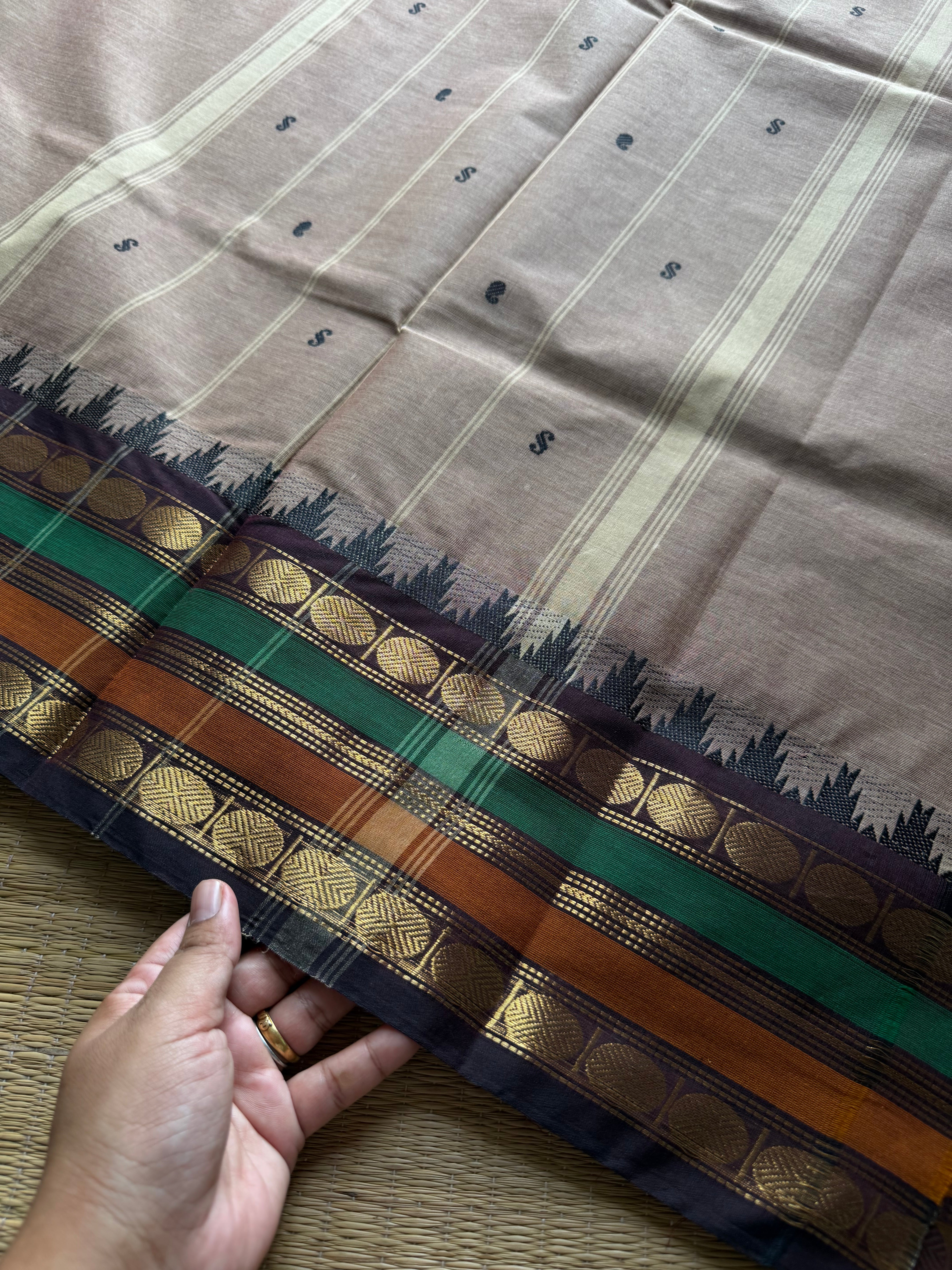 RF734 Grey shade Kanchi cotton saree with multi color contrast Thazhampoo pattern border and handmade thread buttas