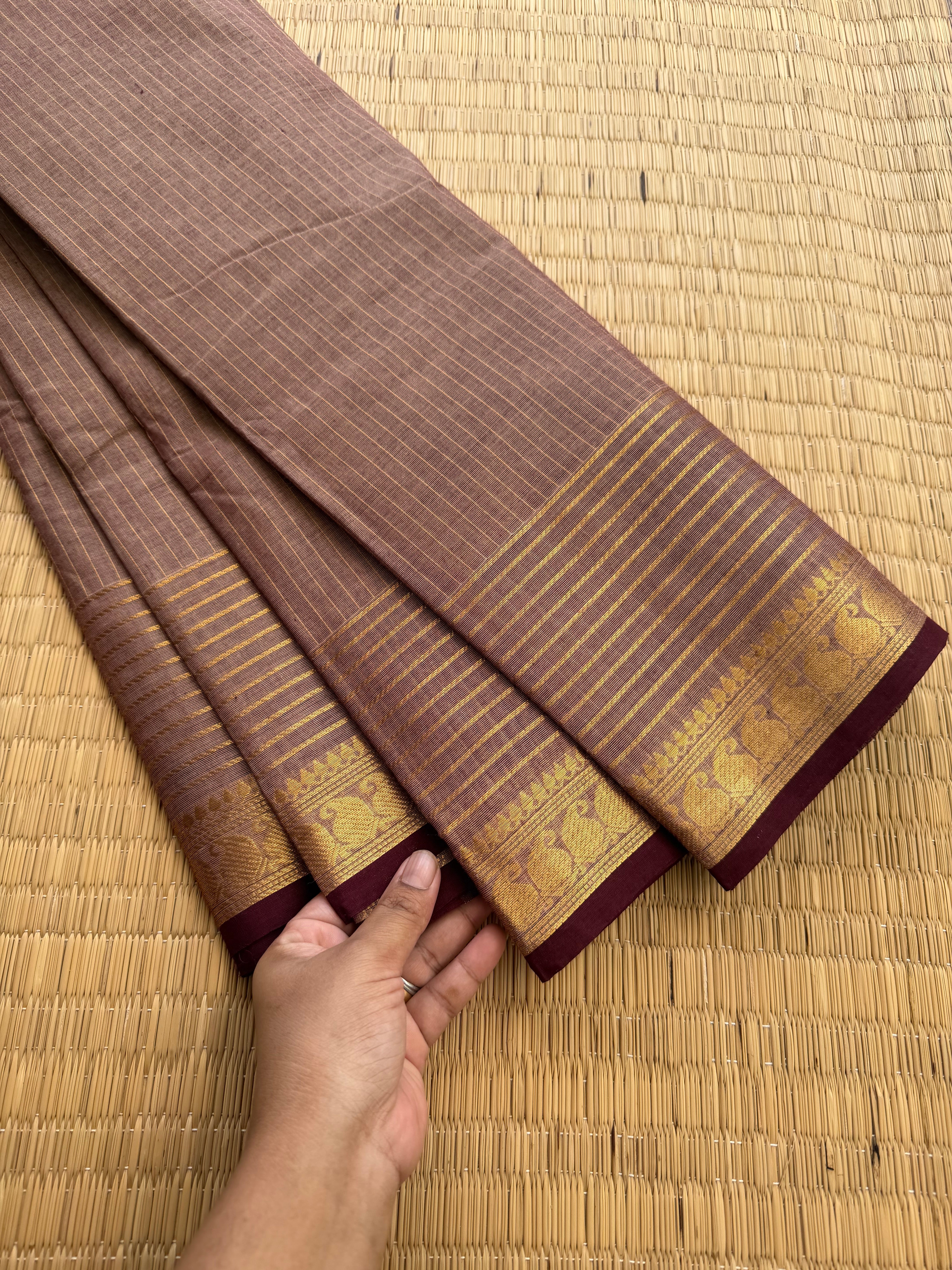 RF162 Biscuit shade Vaira Oosi pattern Kanchi cotton saree small contrast brown shade mango Zari border