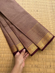 RF162 Biscuit shade Vaira Oosi pattern Kanchi cotton saree small contrast brown shade mango Zari border