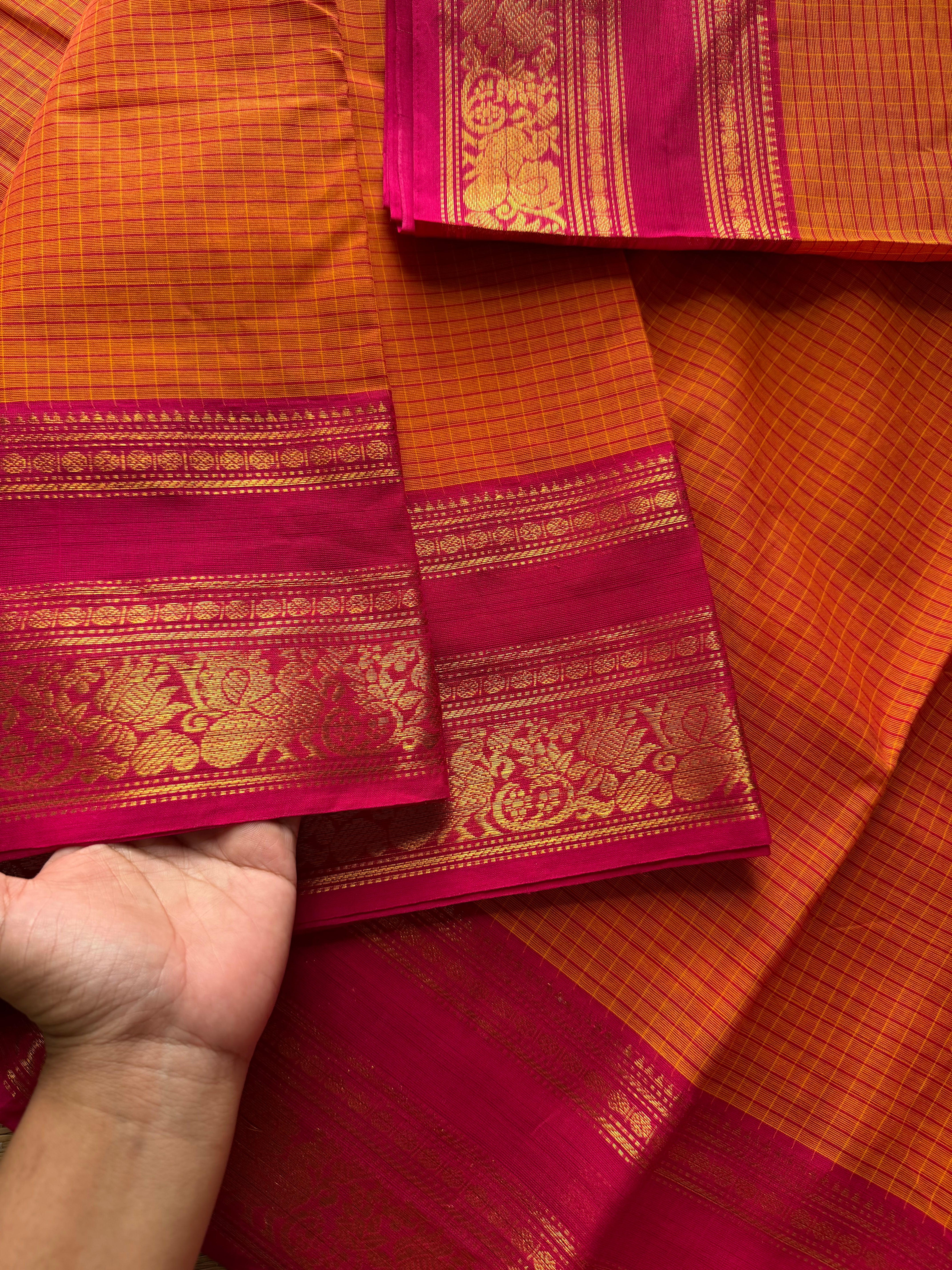 RF587 Orange with pink combination Kattam / checks pattern Kanchi cotton saree with floral pattern contrast border