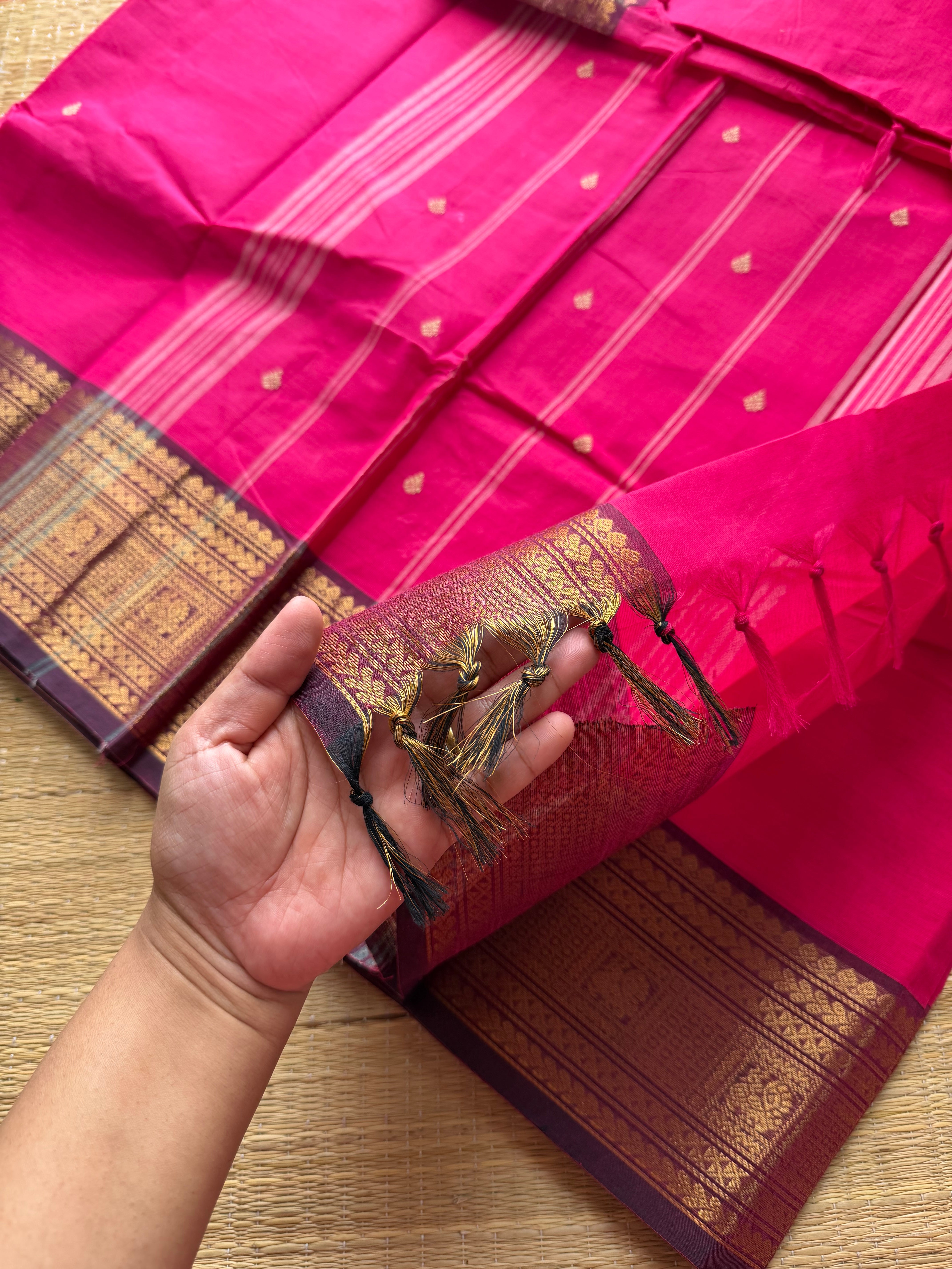 RF500 Rani pink with purple border combination Kanchi cotton saree with handmade thread buttas