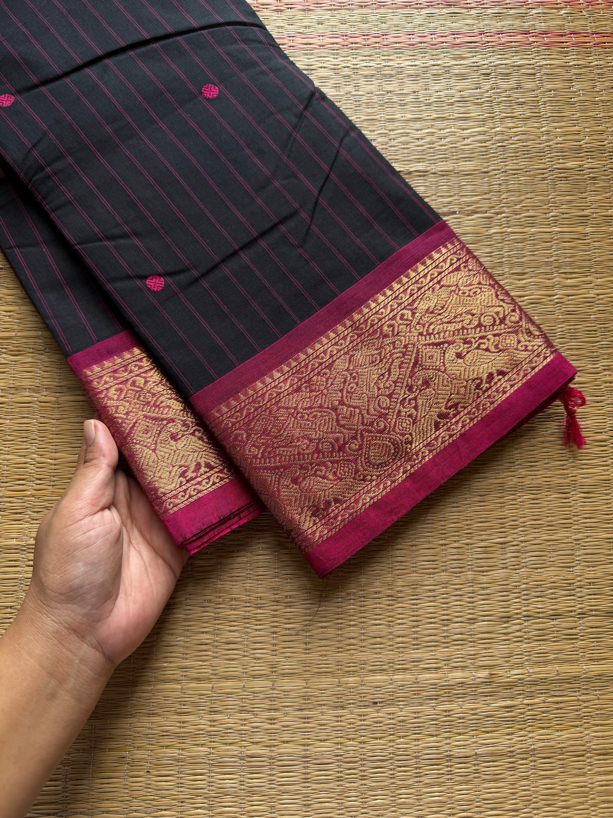 RF814 Black shade Kanchi cotton saree with Vanasingaram border and handmade thread buttas