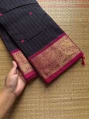 RF814 Black shade Kanchi cotton saree with Vanasingaram border and handmade thread buttas